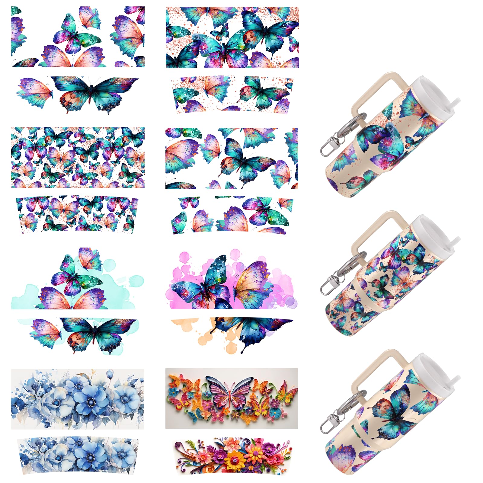 8pcs Flower UV DTF Cup Wrap Transfer Paper for DIY Cup Type Keychain UV DTF Transfer Paper for Keychain Personal Accessories High Viscosity UV DTF Cup Wrap (Butterfly)