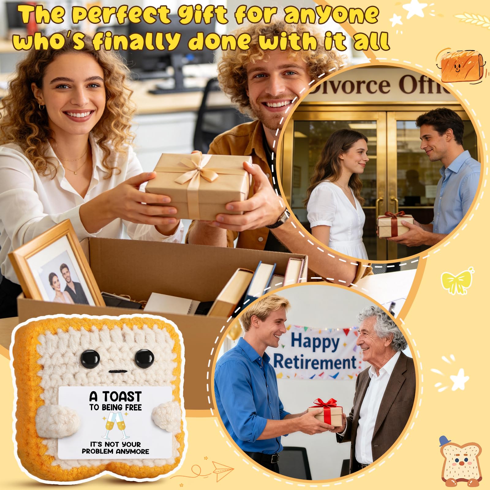 Crochet Toast “A Toast to Being Free” Plush – Funny Celebration Gifts for Woman Men Best friend Coworker “It’s Not Your Problem Anymore” Card for Leaving Workor, Retirement, Divorce, Graduation Gift