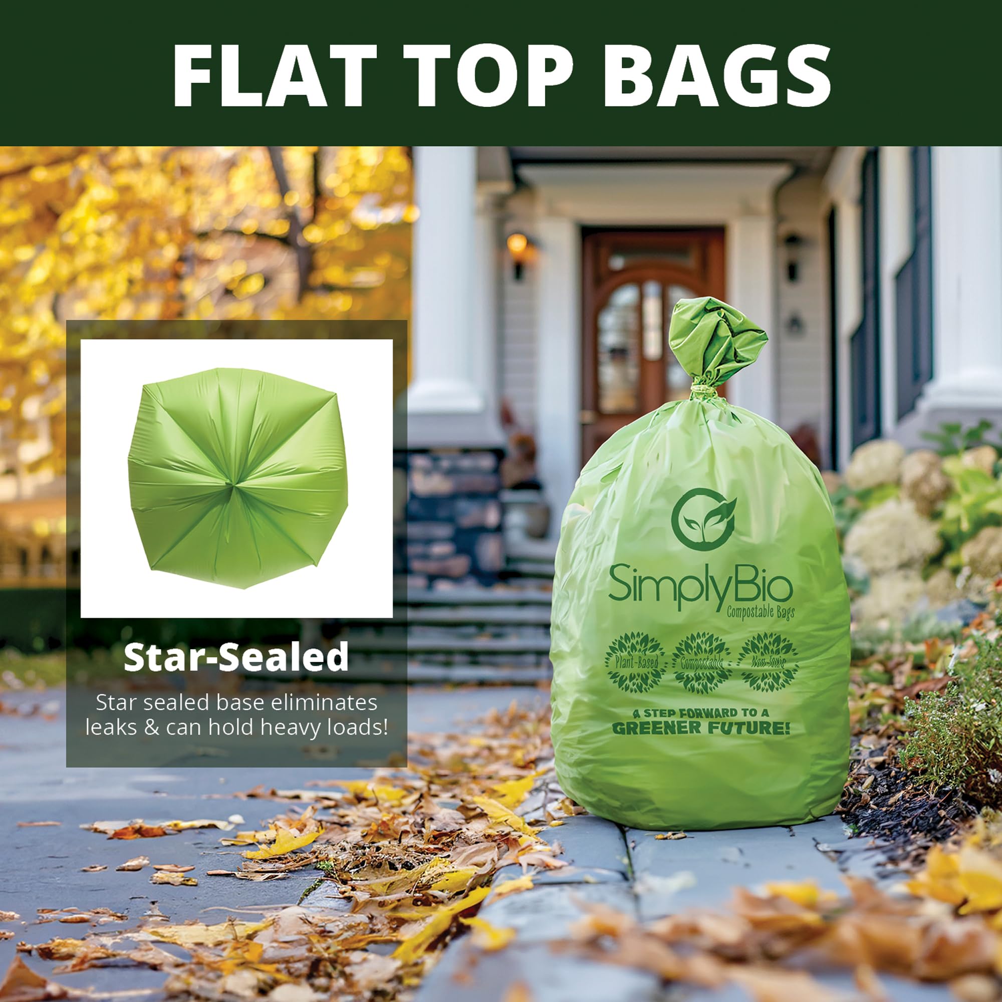 Simply Bio Bolsas de basura compostables de 31 a 35 galones, parte superior plana, resistentes, extragruesas de 1.57 mil, 132.49 litros, 100 bolsas, césped, patio y restaurante, ASTM D6400, US BPI, OK