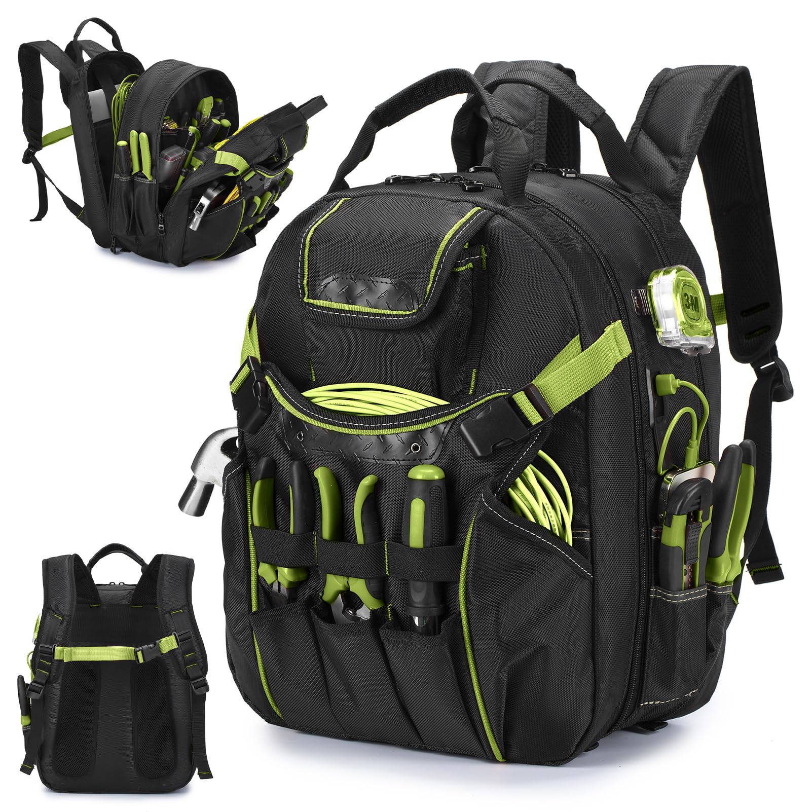 BAGZY Mochila Herramientas Vacio 40x30x20cm Bolsa para Herramientas 1680D Bolsa Electricista Mochilas Hombre Múltiples Bolsillos USB Interfaz Organizador Herramientas Base Impermeable Verde