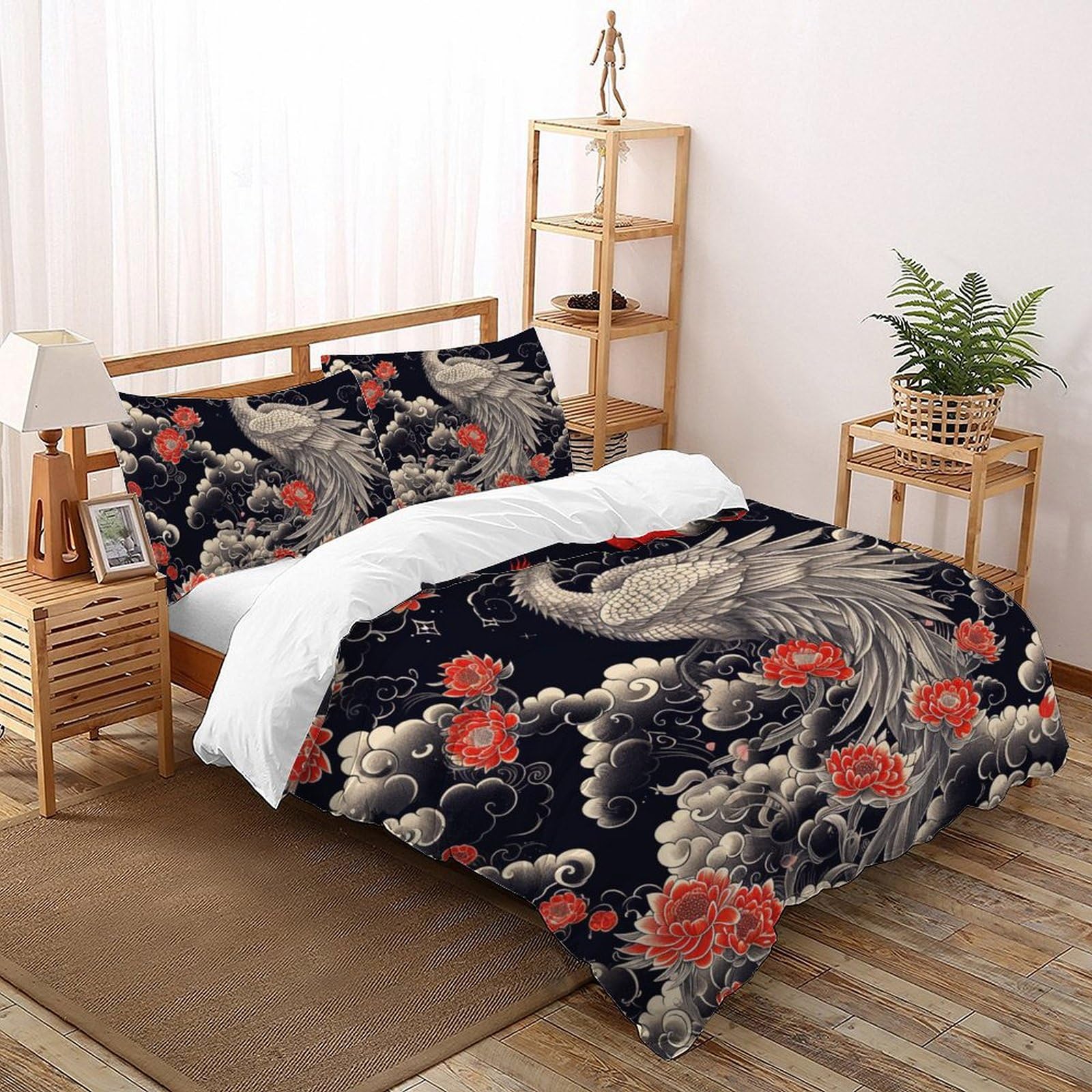 Housse de couette paon parure de lit microfibre 200x200 style japonais fermeture éclair