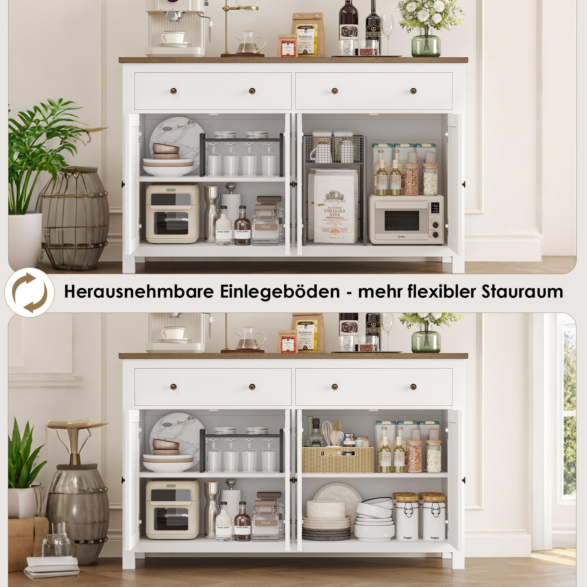 FirFurd 140 cm kredens biały kredens kuchenny szafka do przechowywania, duża szafka kuchenna z regulowanymi półkami, 4 drzwi, 2 szuflady do salonu, mebli do jadalni, 140 x 40 x 89 cm