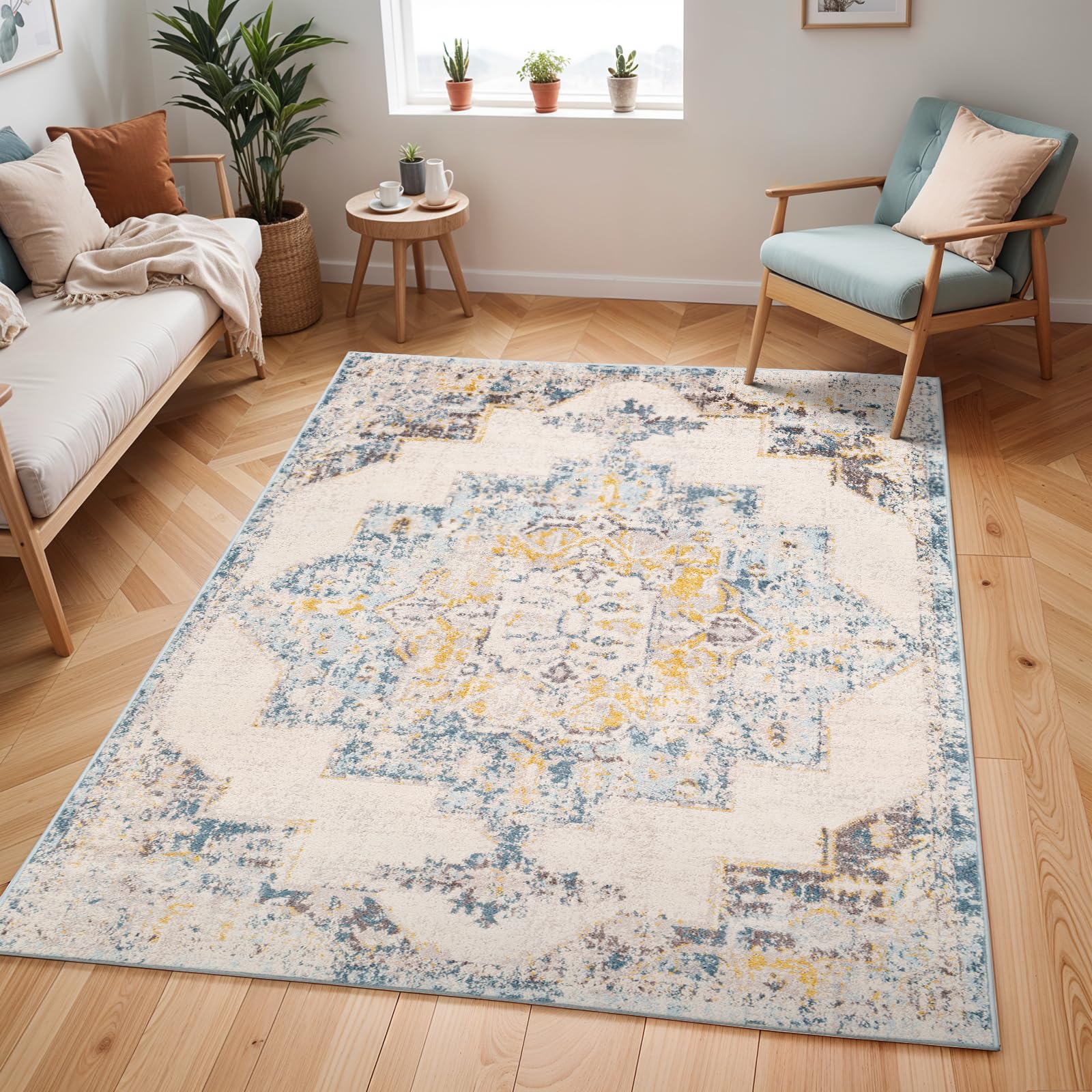 Livabliss Sun Orlando Vintage Carpet Runner 60x90 cm, Scandi Neutral Traditional Boho Design for Hallway & Living Room, Easy Care Pile, Blue Mustard Beige