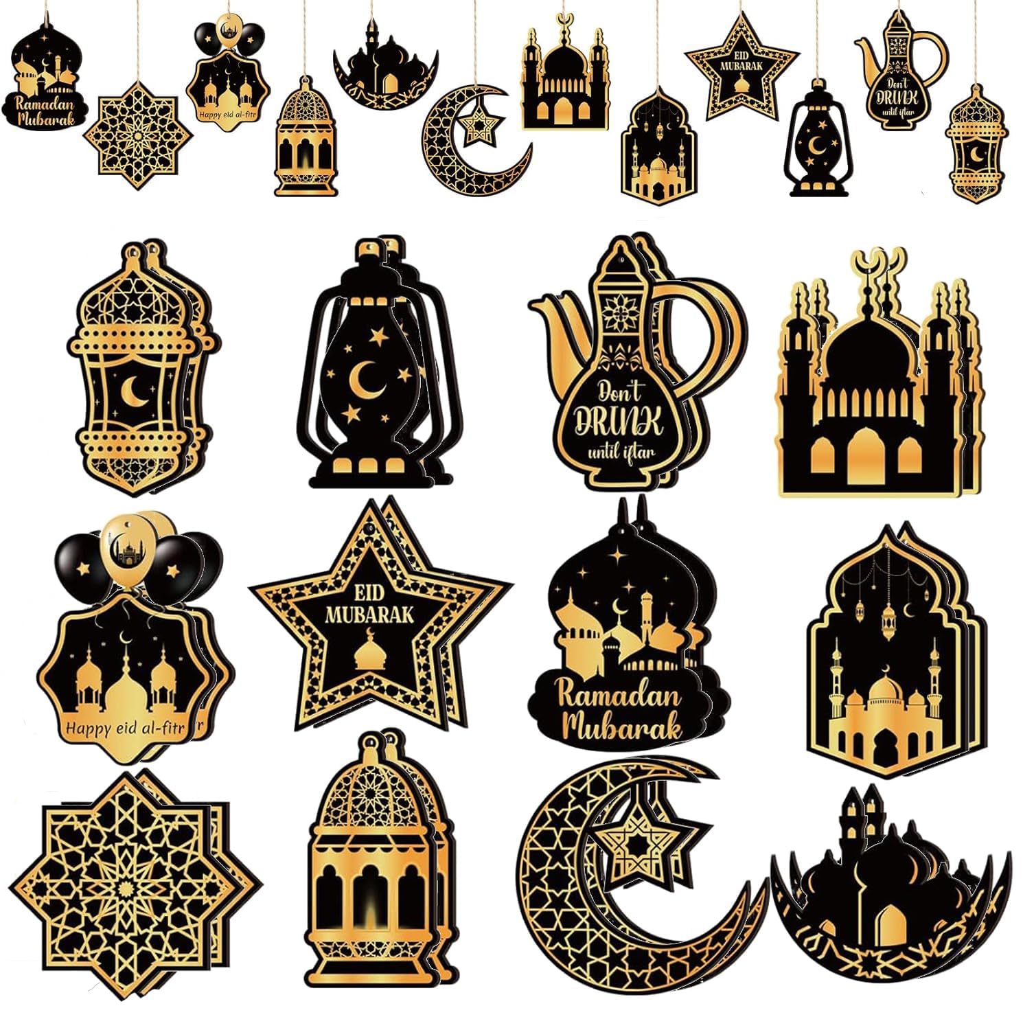 24Pcs Ramadan Wooden Ornaments Eid Mubarak Hanging Ornaments Ramadan Mubarak Eid Party Wall Decorations Moon Star Wooden Hanging Ornaments for Tabletop Trees Decor 12 Styles