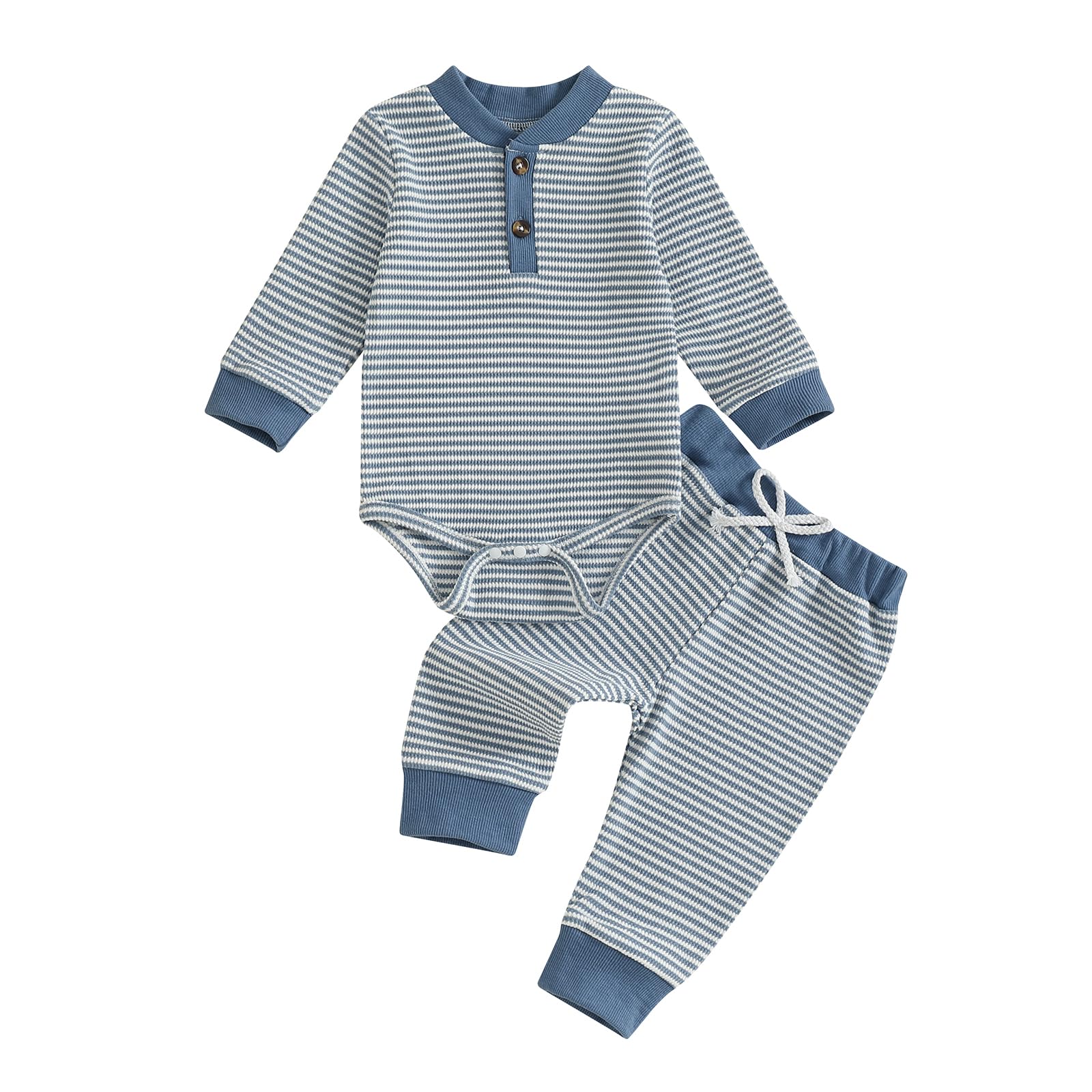 allshope Newborn Baby Boy Fall Outfit Romper Long Sleeve Solid Jumpsuit Bodysuit Elastic Waist Pants Infant Waffle Clothes