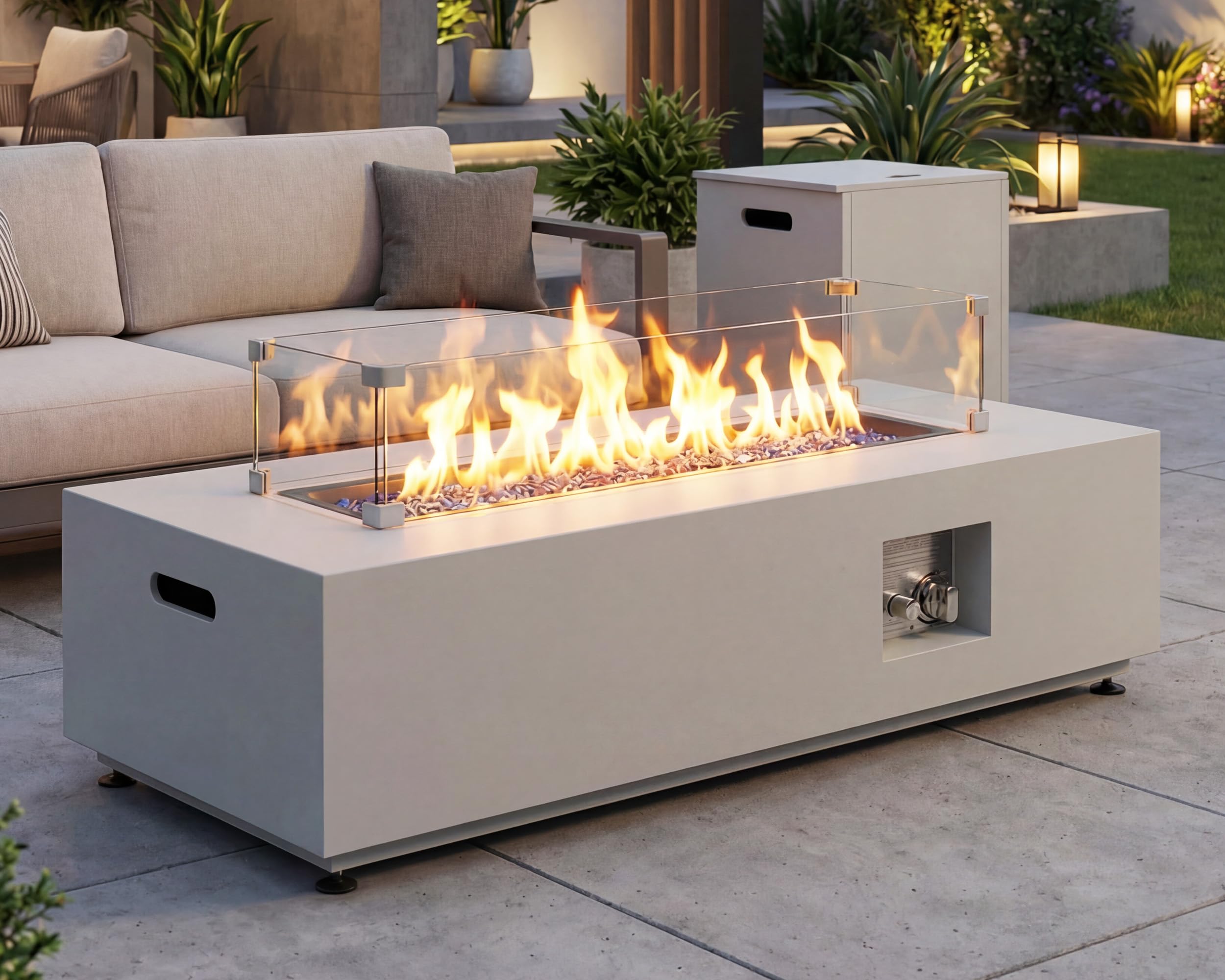 NICESOUL 42'' Outdoor Rectangle Fire Pit Table, Modern Low Profile Patio Firepits with Tank Table, 50,000 BTU Firepit Table for Outside, Exterior, Porch, Backyard or Garden, No Assembly, Grayish white