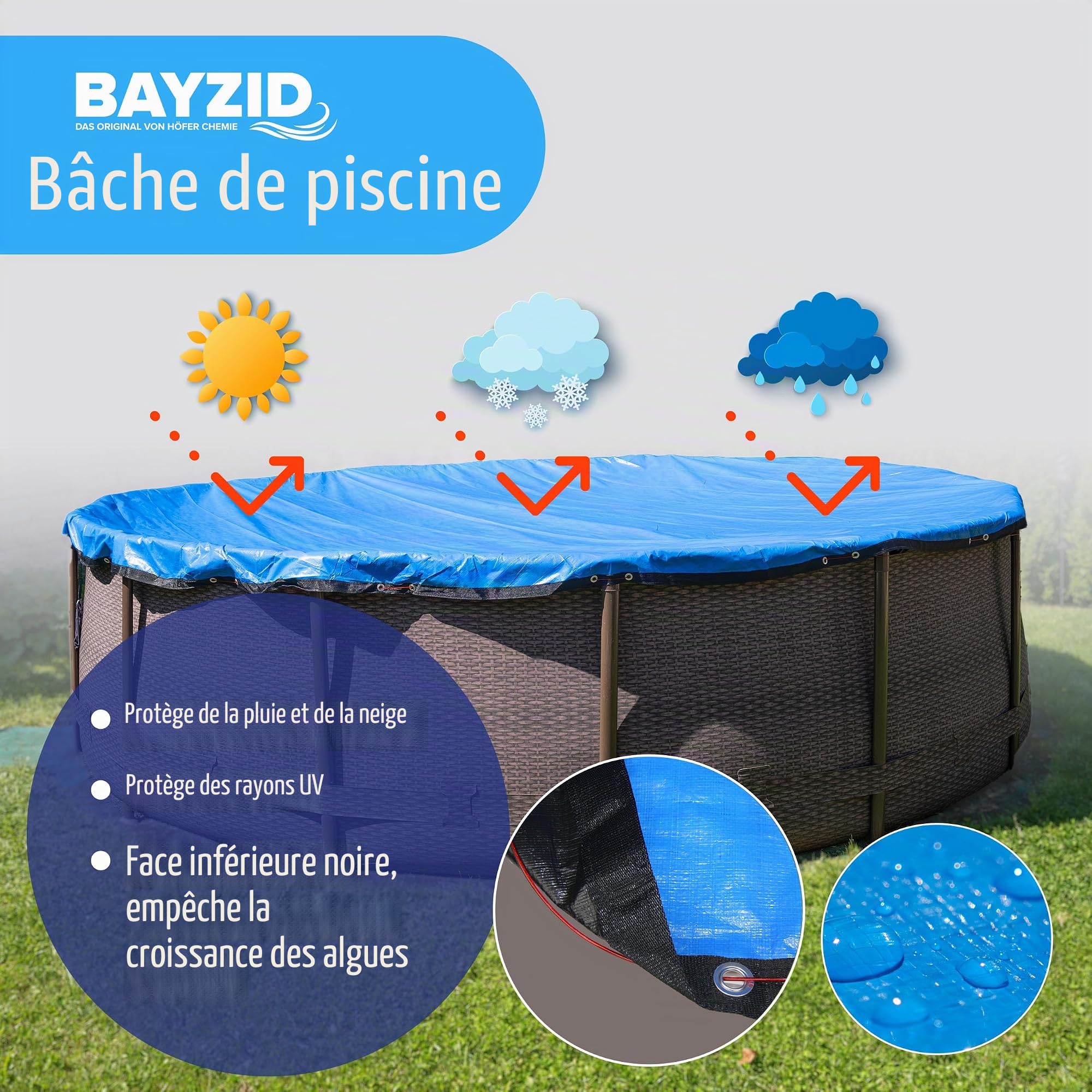 Höfer Chemie Bâche de Piscine Robuste, Ronde, Diamètre 4,4 m, 200 g/m² | Bâche d'Été et d'Hiver pour Piscines Rondes Jusqu'à 3,6 m de Diamètre - Résistante aux Intempéries et UV