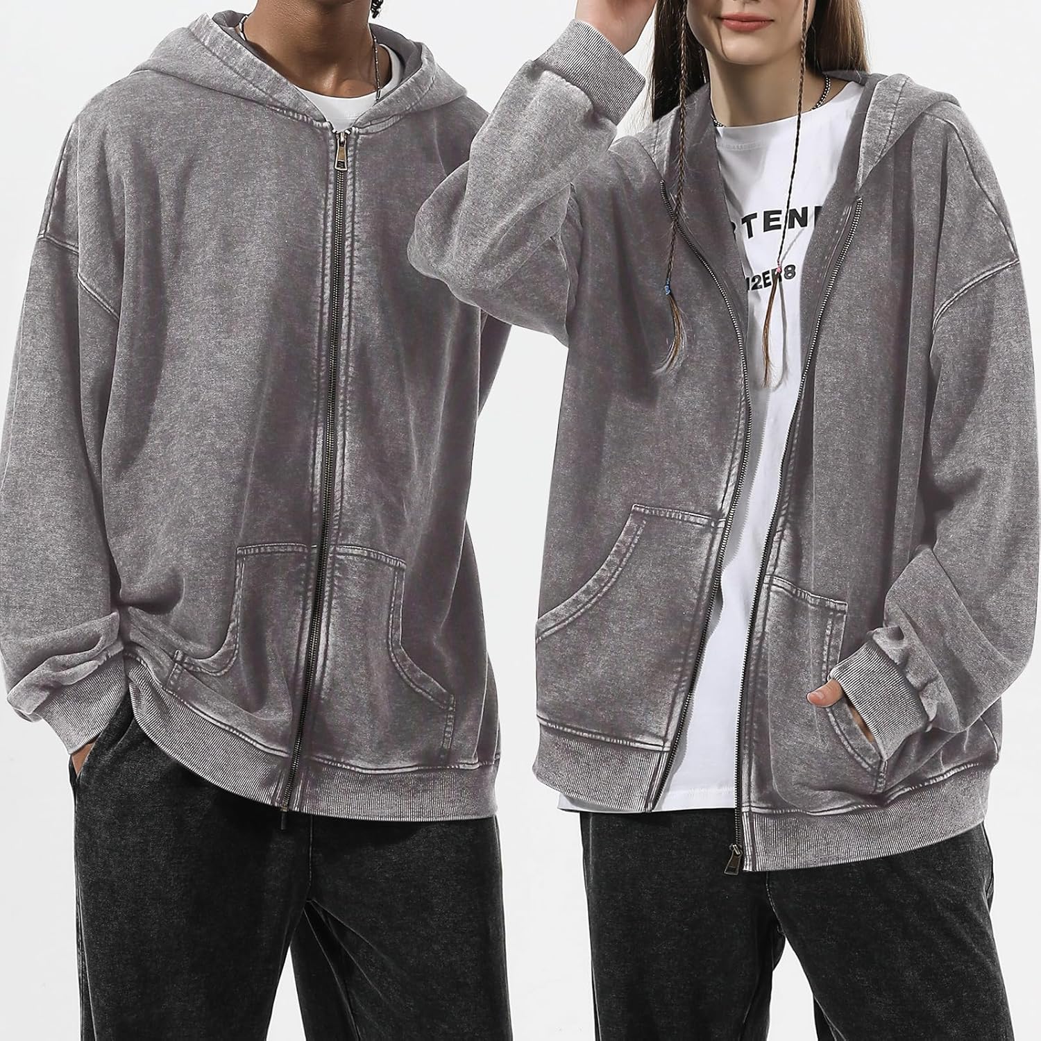 Oversized Vintage Cotton Jacket Acid Wash Grunge Basic Zip Up Hoodie For Women Distressed Baggy Long Sleeve Tops - Image 3