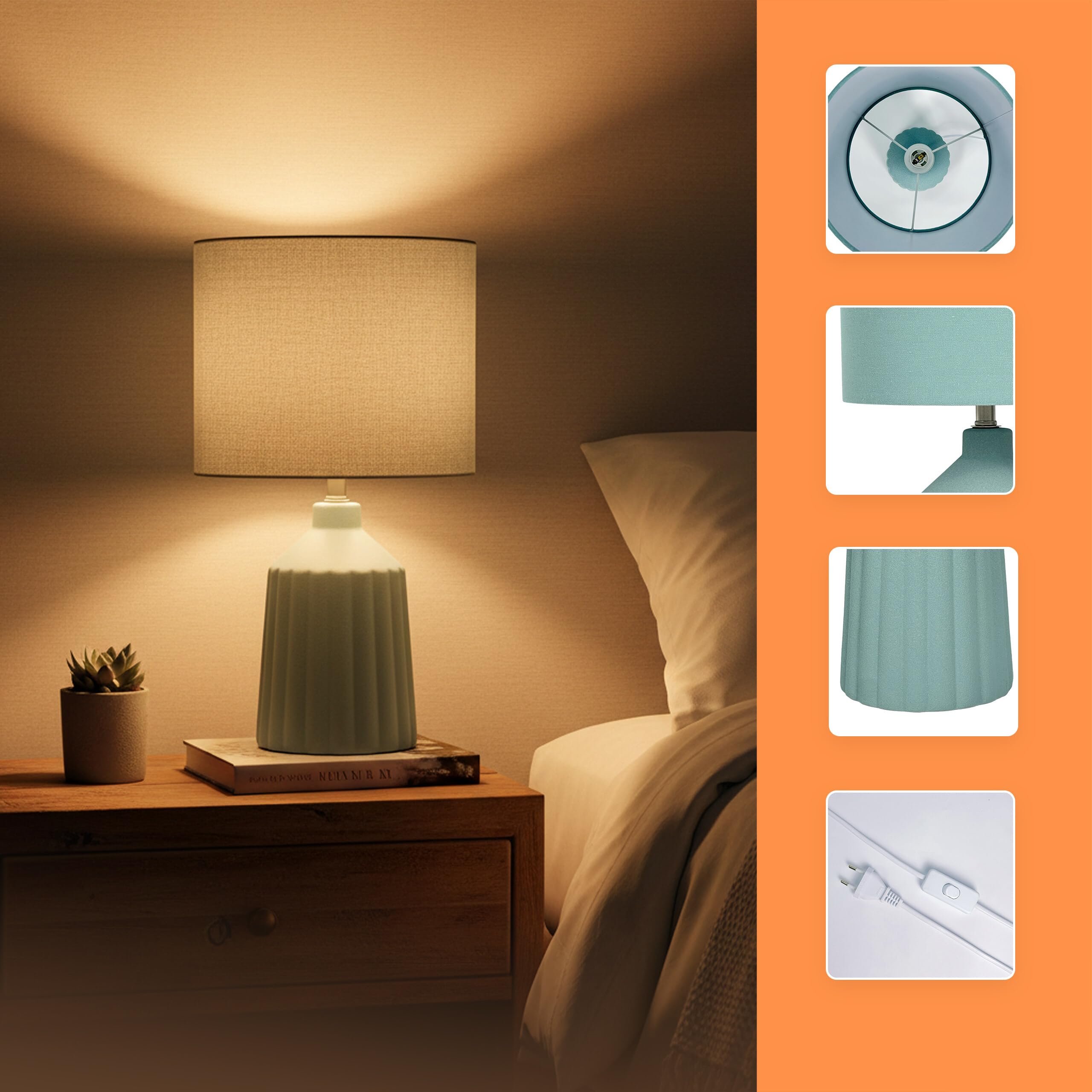 Relaxdays Lampada da Comodino, Base in Ceramica a Coste, Paralume in Tessuto, E14, 42 x 23 cm
