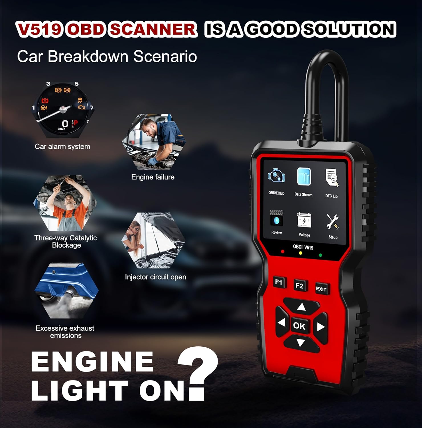 V519 OBD2 Diagnostic Scanner Tool - Vechicle Check Engine Light Code Reader with Battery Voltage Tester, I/M Readiness, Reset, and Code Eraser for All OBDII Car Since 1996 Red