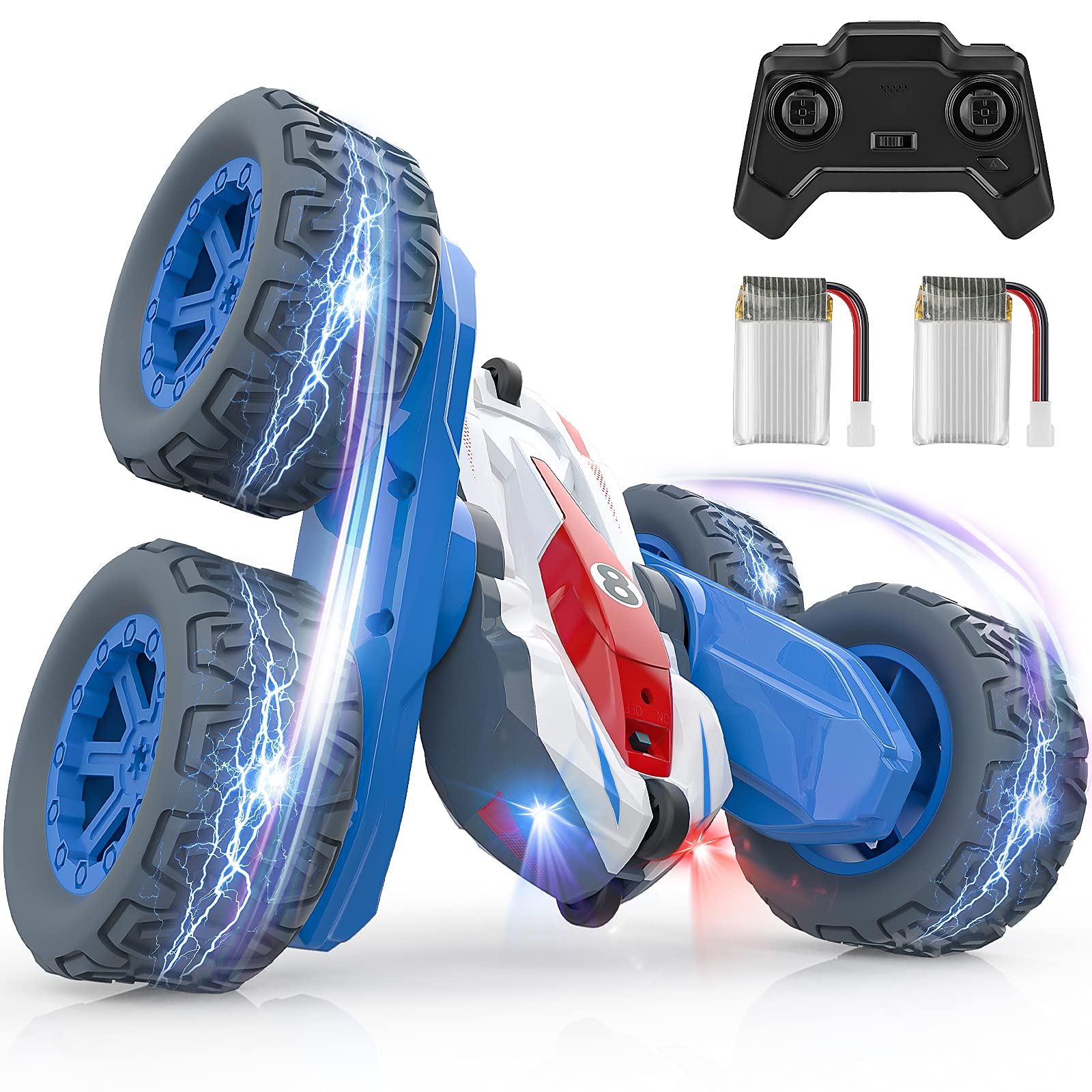 Remote Control Car for Boys,RC Cars Stunt Car Kids Toy 360° Flips Double Sided Rotating 4WD 2.4Ghz Sharp Dual-Color Headlights,Birthday Xmas Gift Toys for boys girls kids 3 4 5 6 7 8-12 Years Old-Blue