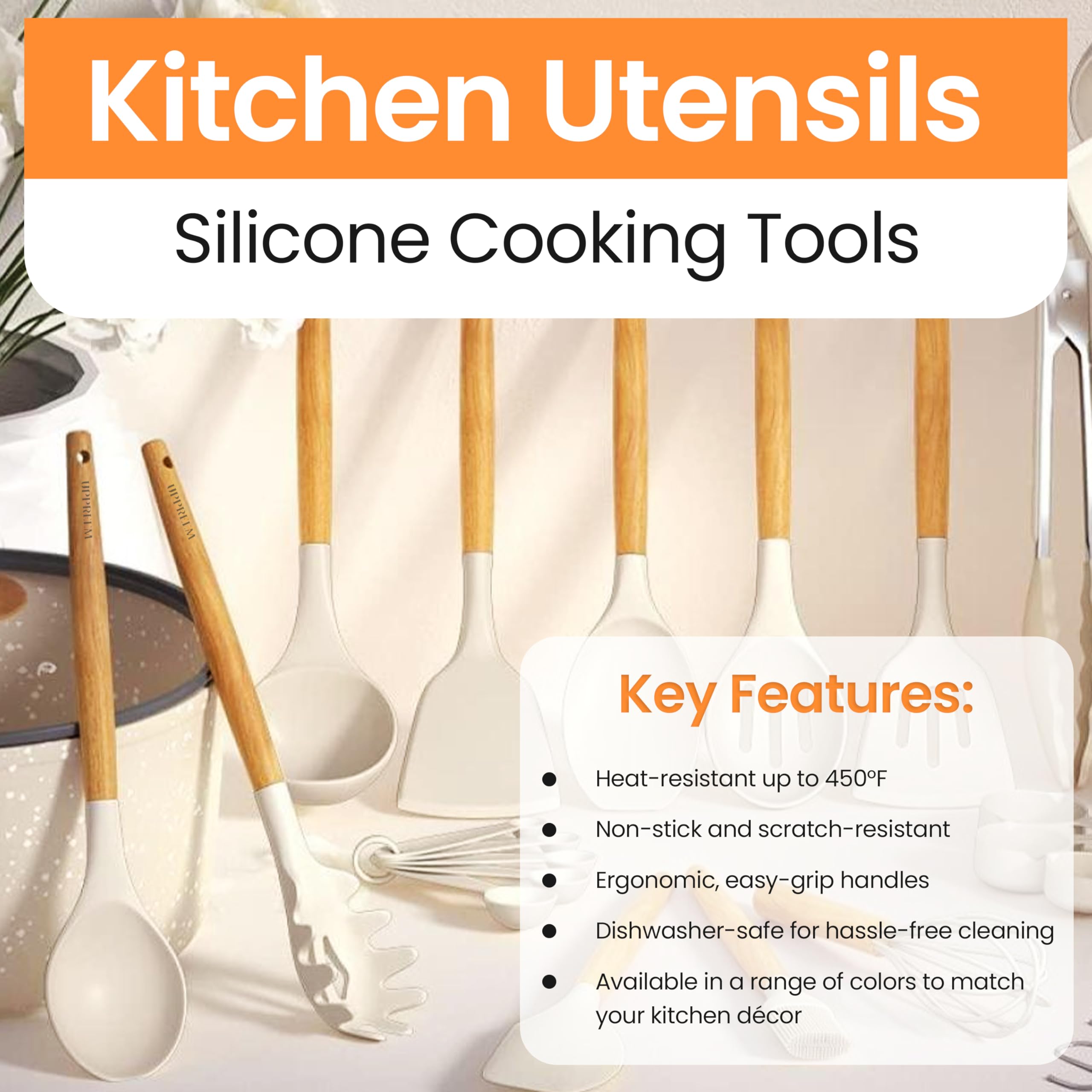 Silikon-Küchenutensilien-Set, hitzebeständig, antihaftbeschichtet, Pfannenwender-Set, Silikonkopf und Holzgriffe, 12-teiliges Set, beige