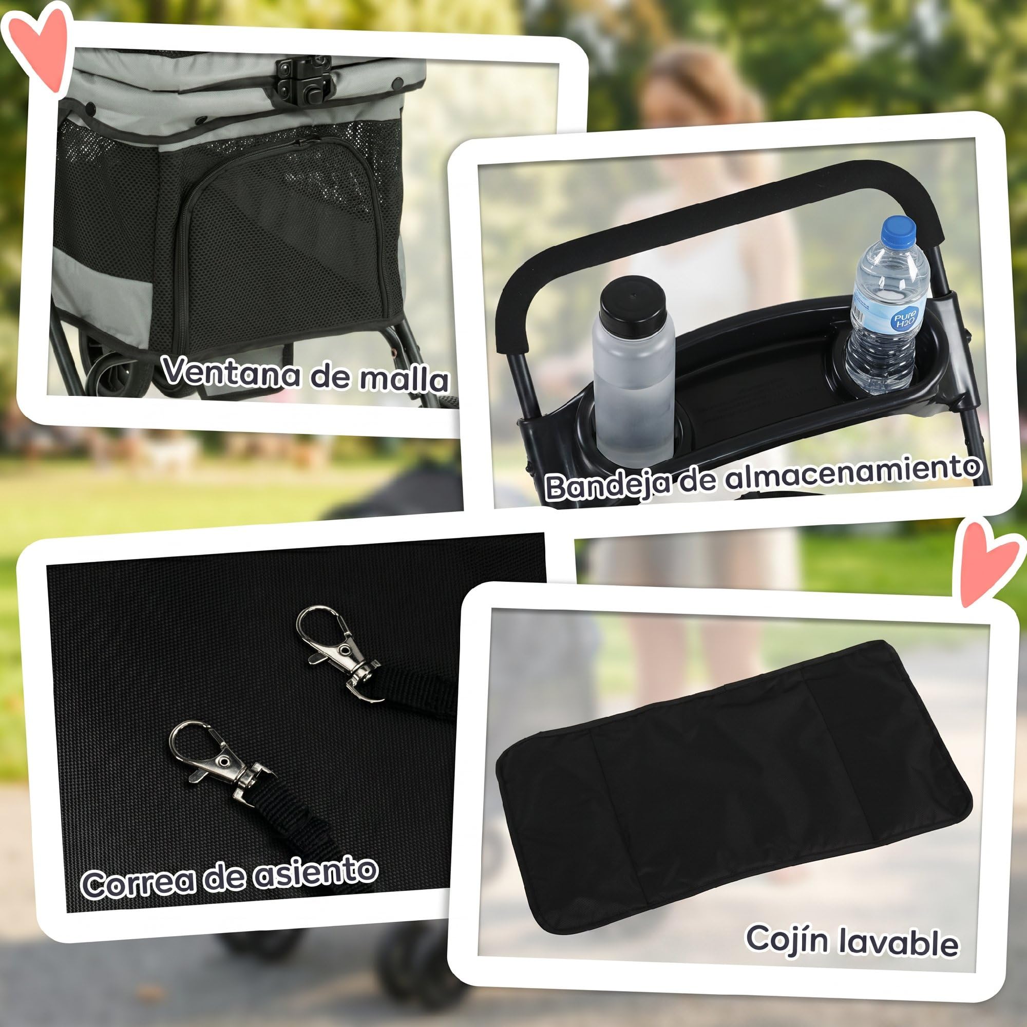 PawHut Cochecito para Perros Plegable 4 Ruedas de EVA 10 kg Ligero Gris | Carrito para Perros Pequeños y Gatos, Giratorio y Freno, Ventanas de Malla, Cojín Extraíble, Bandeja y Portavasos