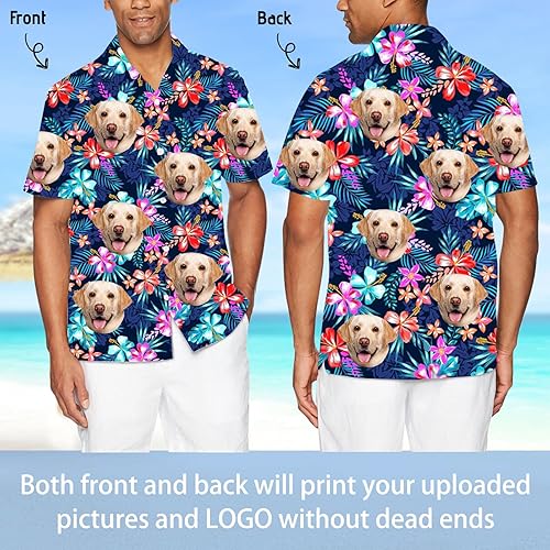 Vista 2 de Camisa hawaiana personalizada con imagen de mascota, divertida camisa hawaiana con cara personalizada divertida camisas con botones para hombres