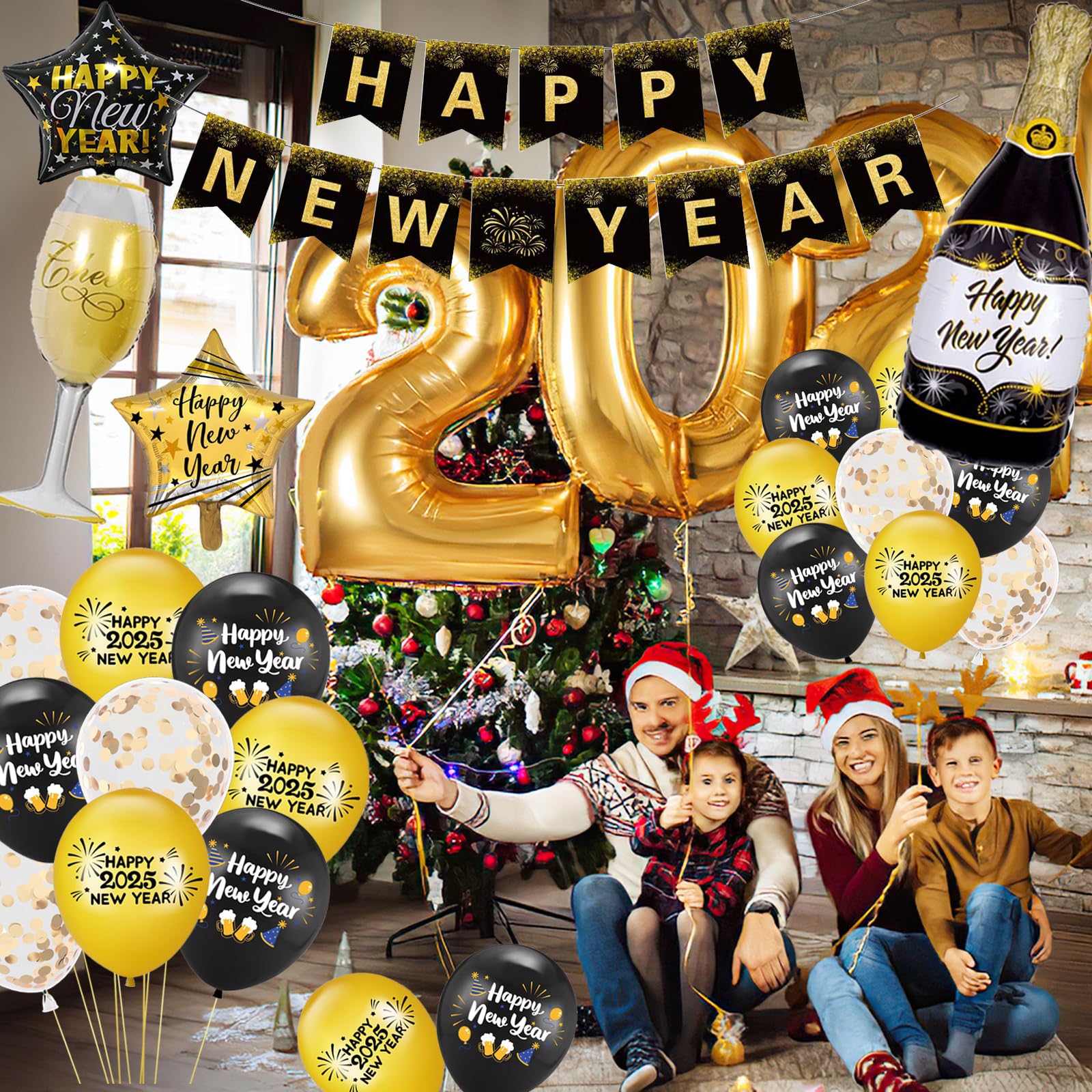 Silvester Deko 2025 – Ballonset In Schwarz Mit Zahlenballon 2025, Sternen & Konfetti Für Die Perfekte Silvesterparty