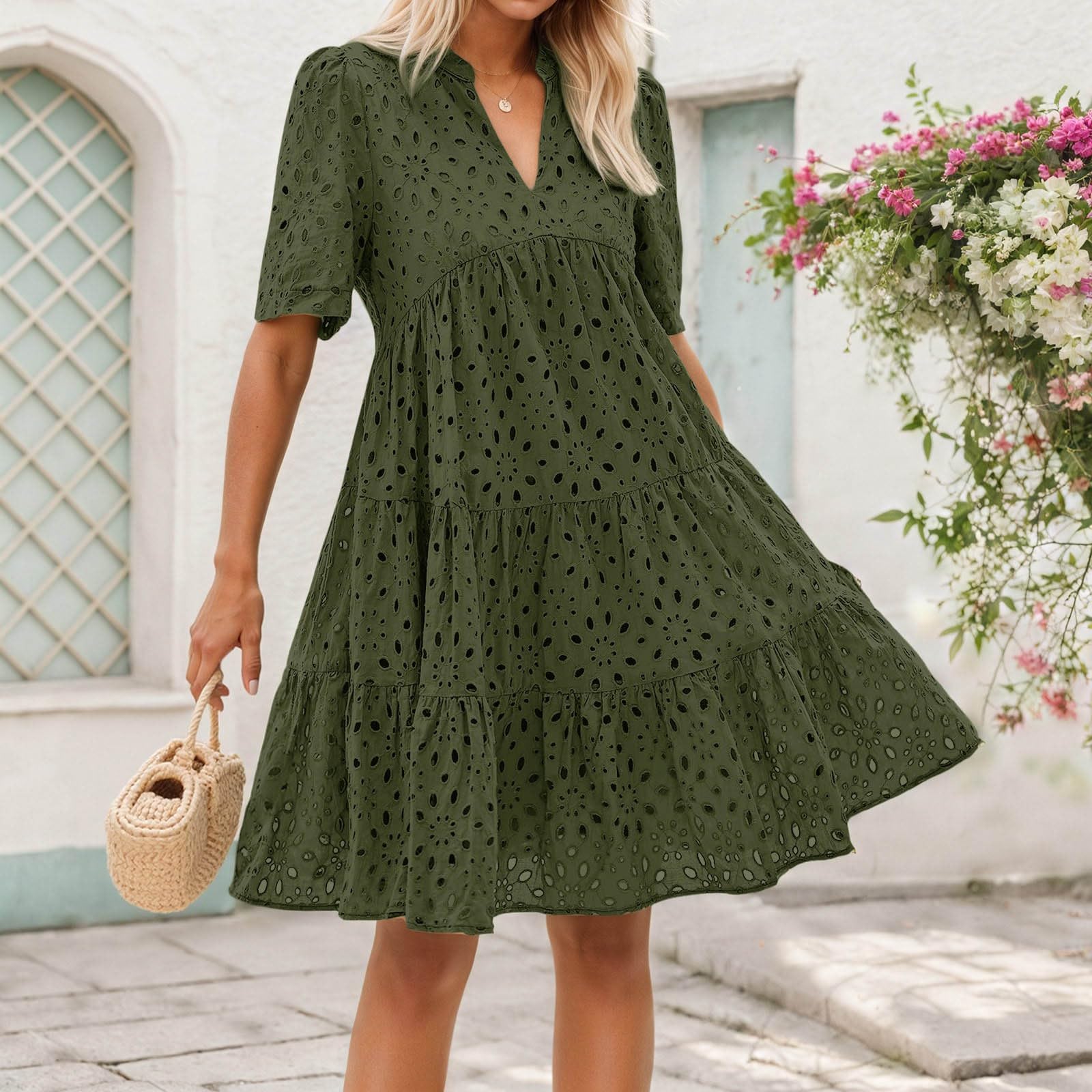 Générique Abito casual a maniche corte stile francese pizzo traforato elegante midi aderente da donna, abito primavera estate