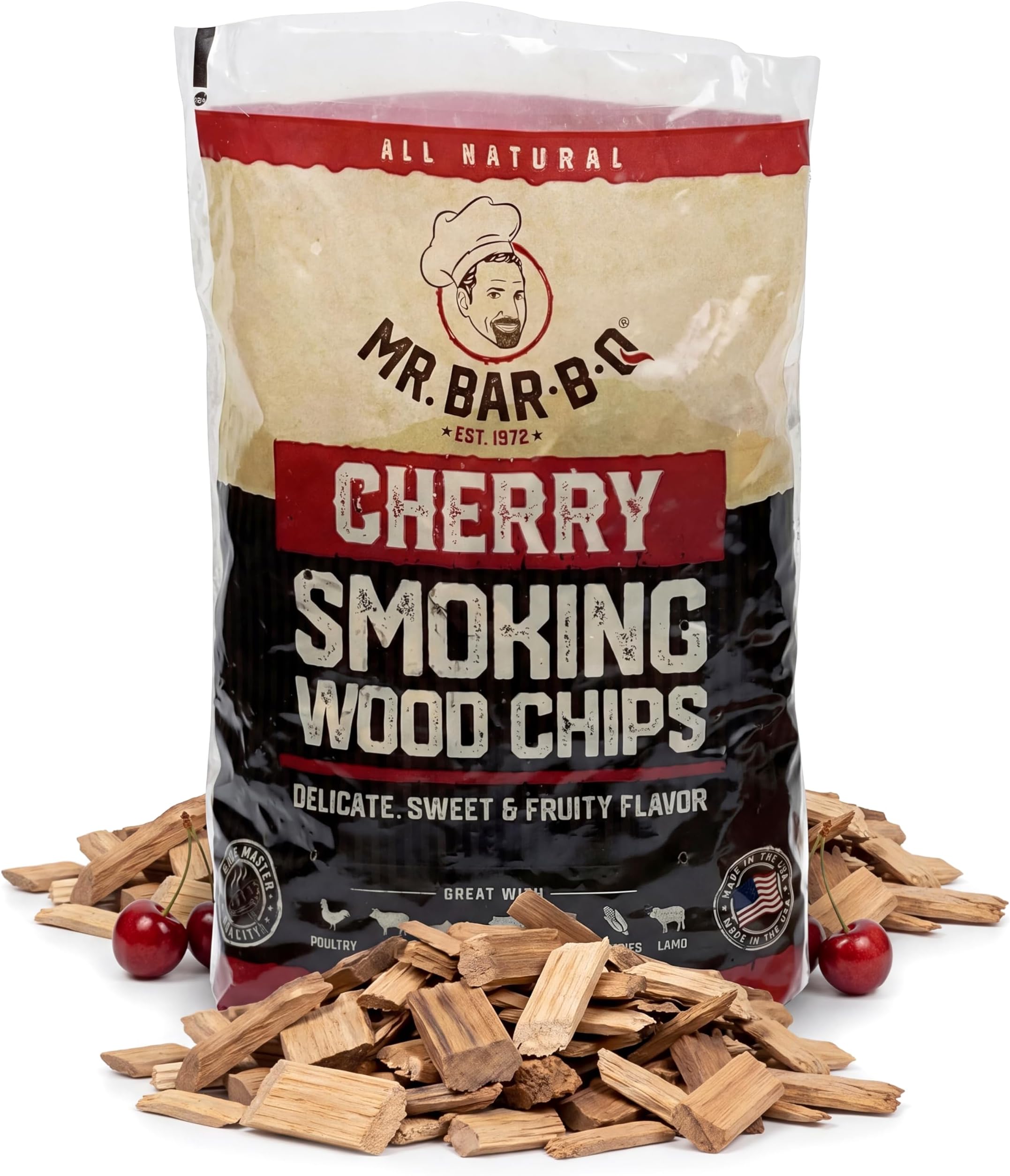 Mr Bar-B-Q Cherry Wood Smoker Chips, 100% All Natural Wood Chips for Smokers, Works with Smoker, Gas, Electric Grill, Sweet & Fruity Flavor for Smoking, Grilling, BBQ, Camping (1.8 lb Bag)