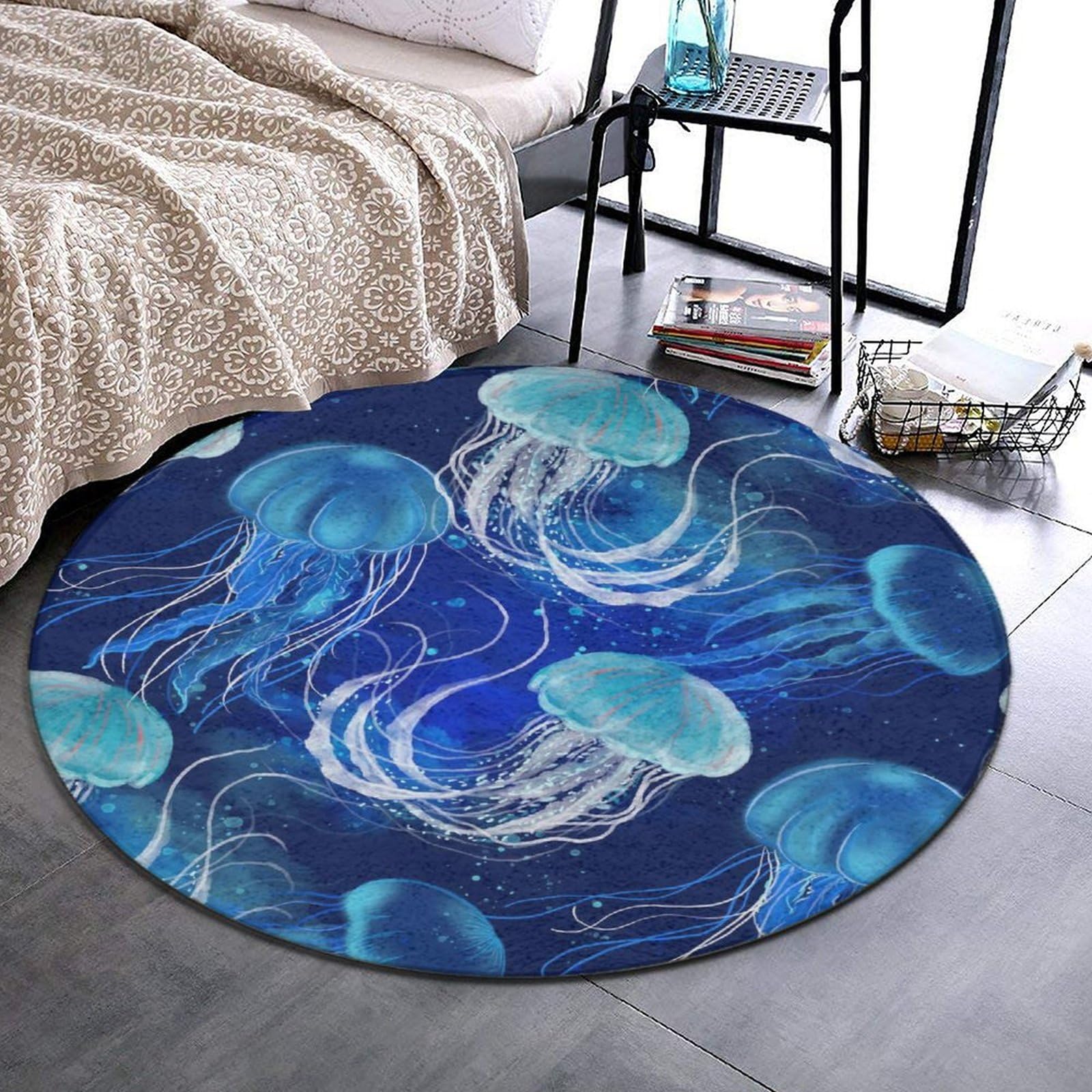 Fashion Decoration Rug Area Bedroom Comfortable Compatible with Underwater Blue Jellyfish Carpet with Non-Slip Rubber Bottom, Multi-Purpose Desk Sofa Floor Pad for Party Tent Picnic
