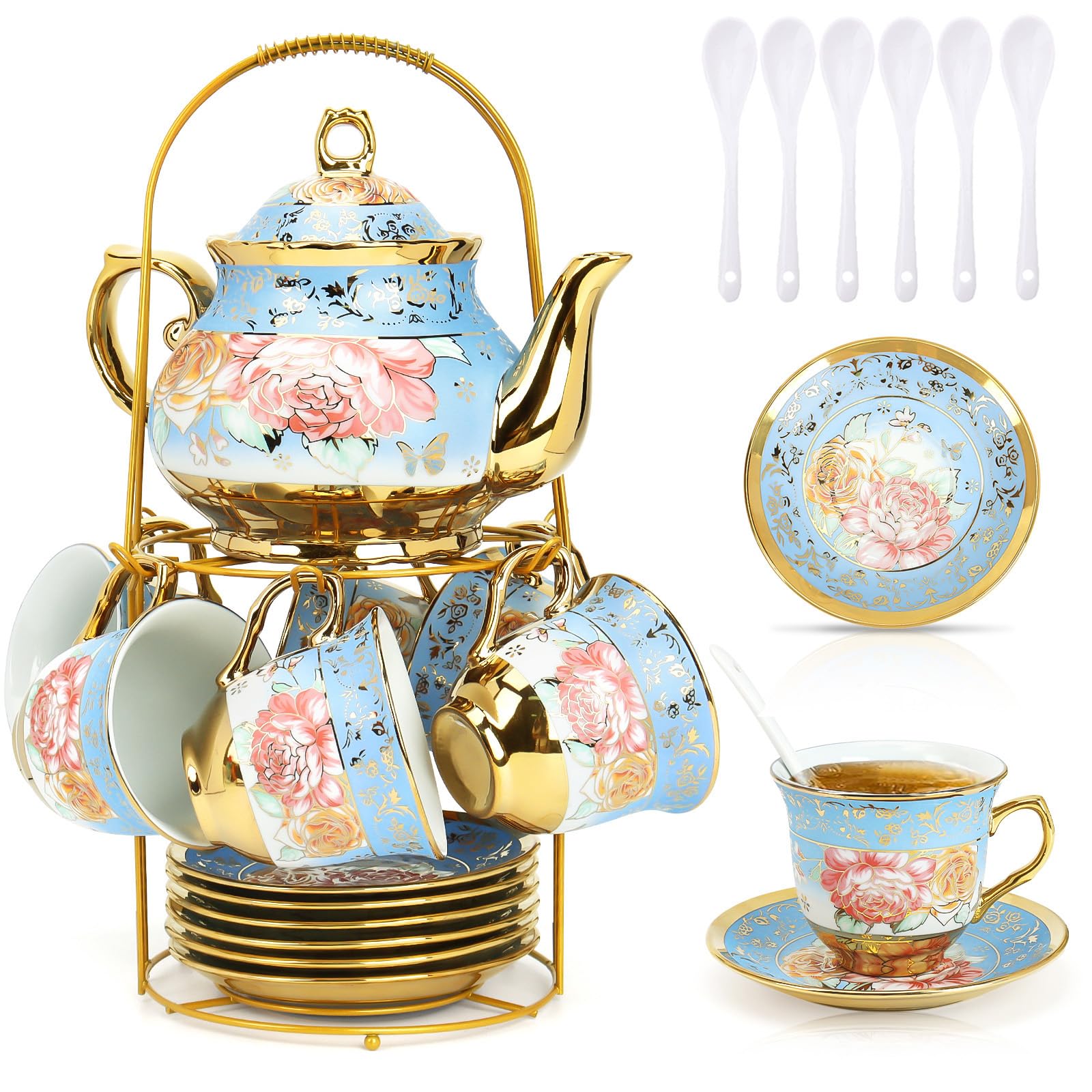 Porzellan Europäisches Teeservice,20 Stück Keramik Kaffeeservice,Blumen Teeservice am Nachmittag,Porzellan Tee Service für Hochzeit Nachmittagstee,Kaffee Erwachsene Teeservice für 6 Personen, Blau