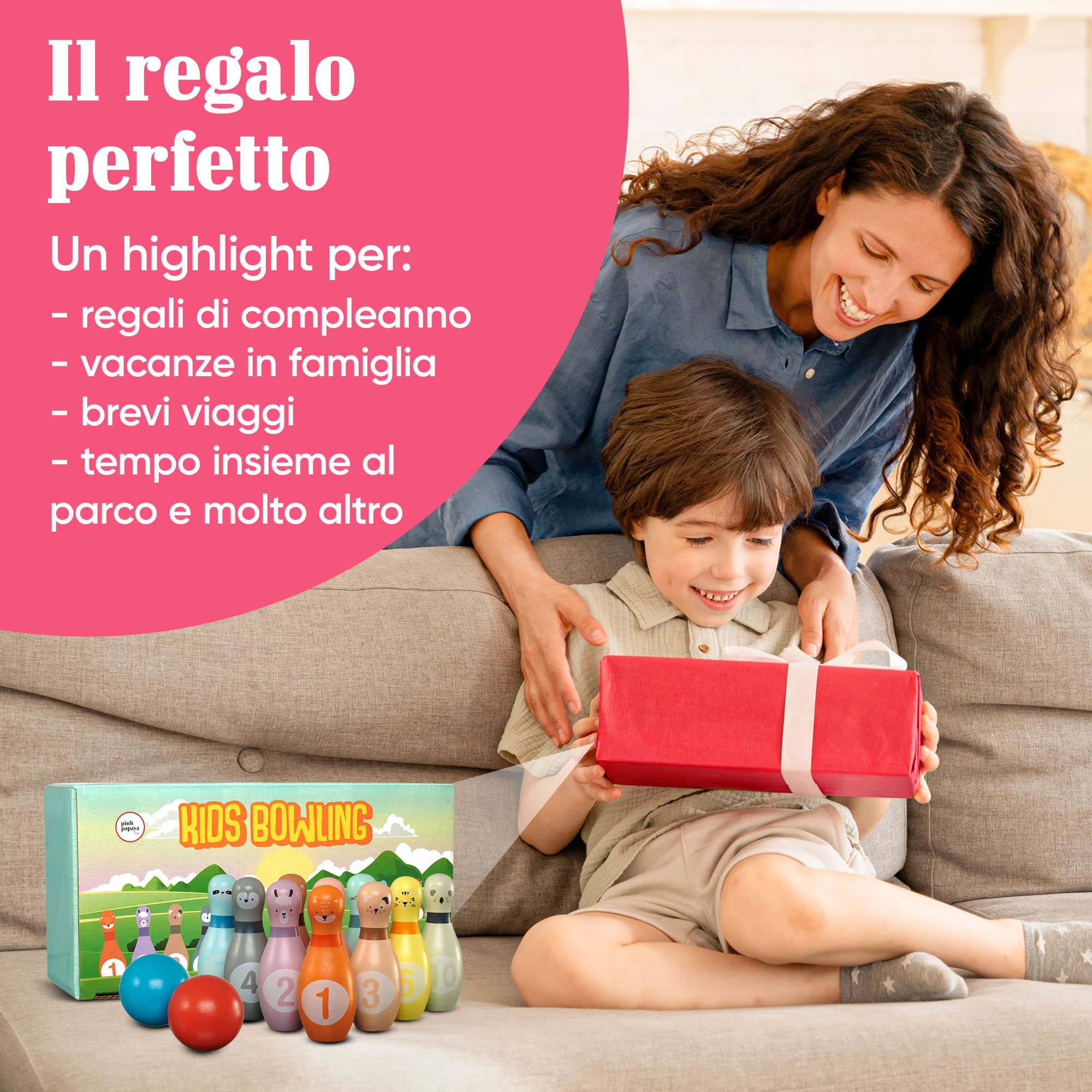 Pink Papaya Birilli Bowling per Bambini | Set da 12 Pezzi per Maschi e Femmine | Giochi in Legno Certificato FSC | Giocattoli da Interno ed Esterno | Giochi Educativi