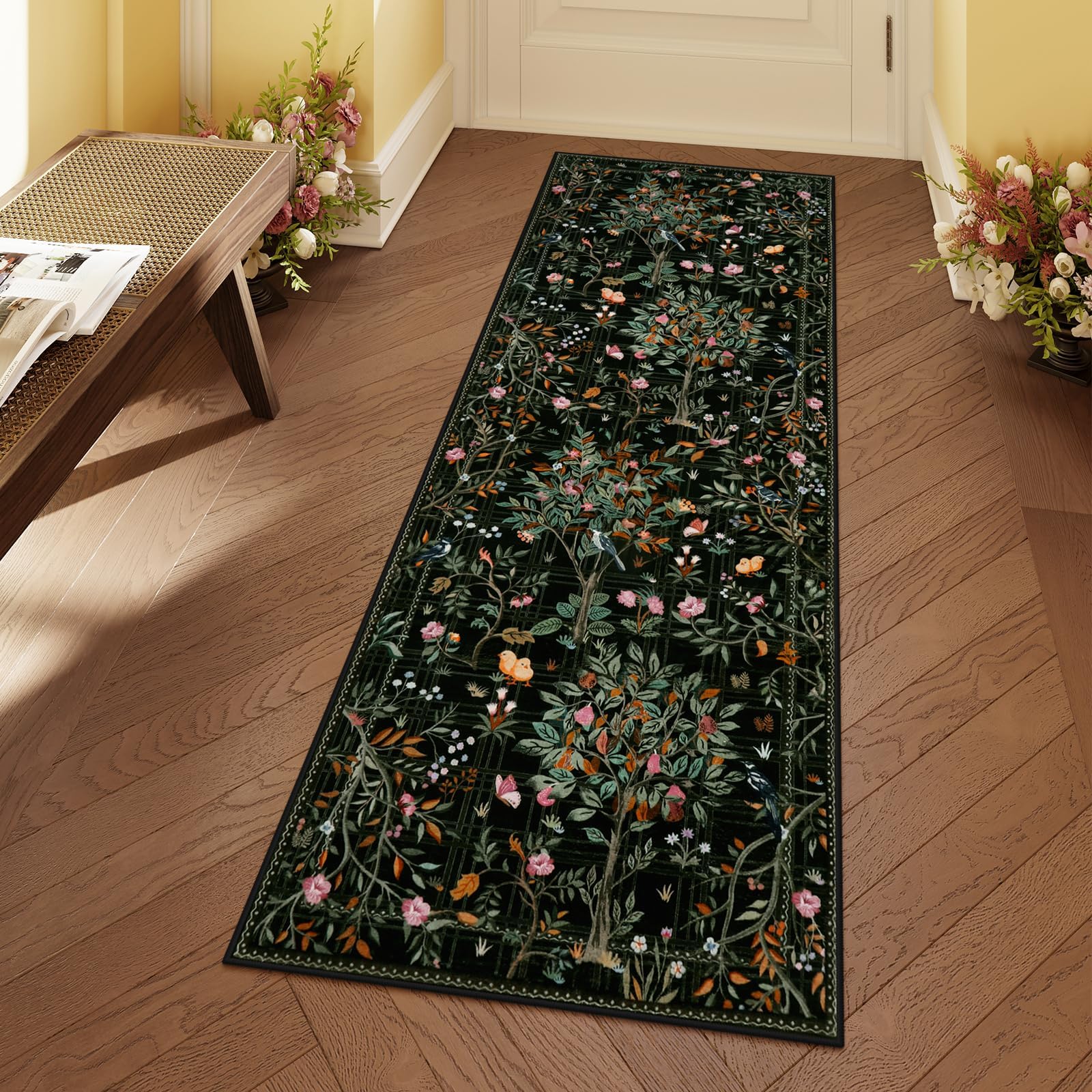 Morebes Floral Washable Rug Runners for Hallways Non Slip, Flower Kitchen Runner Rug 2x6, Boho Botanical Ultra-Thin Soft Floor Carpet for Bathroom