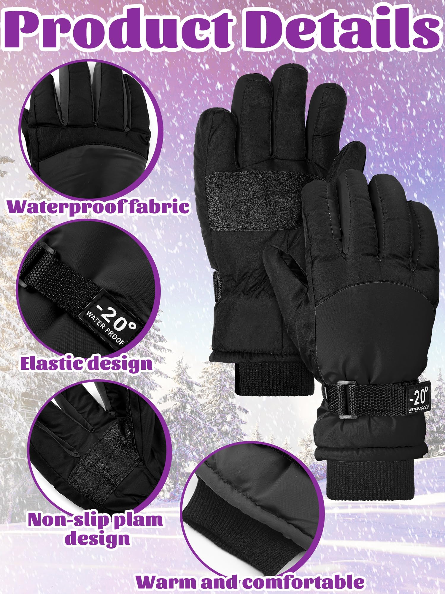 Bencailor 6 Pairs Winter Gloves for Kids Waterproof Boys Snow Ski Gloves Girls Warm Windproof Mittens for Children Outdoor