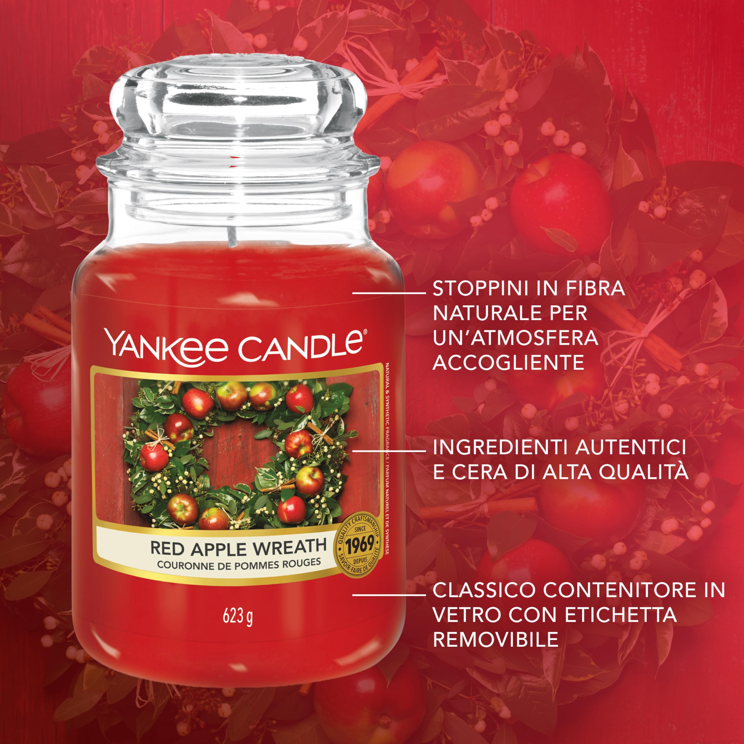 Yankee Candle Candela profumata in giara grande, Red Apple Wreath, Durata Fino a 150 Ore