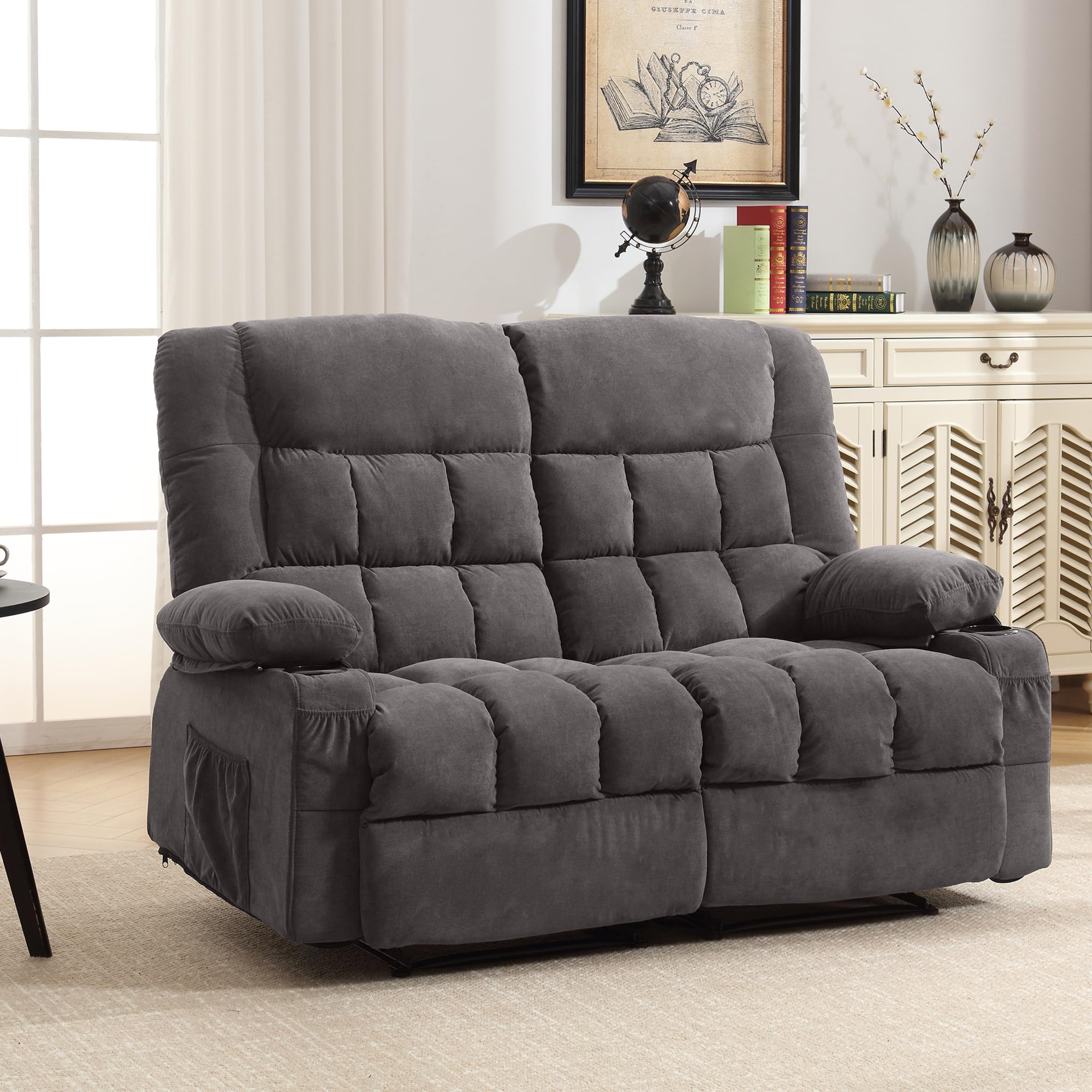 BOSMILLER Reclining Loveseat with Cup Holders for Living Room 2 Seat Manual Loveseat Recliner with Side Pocket