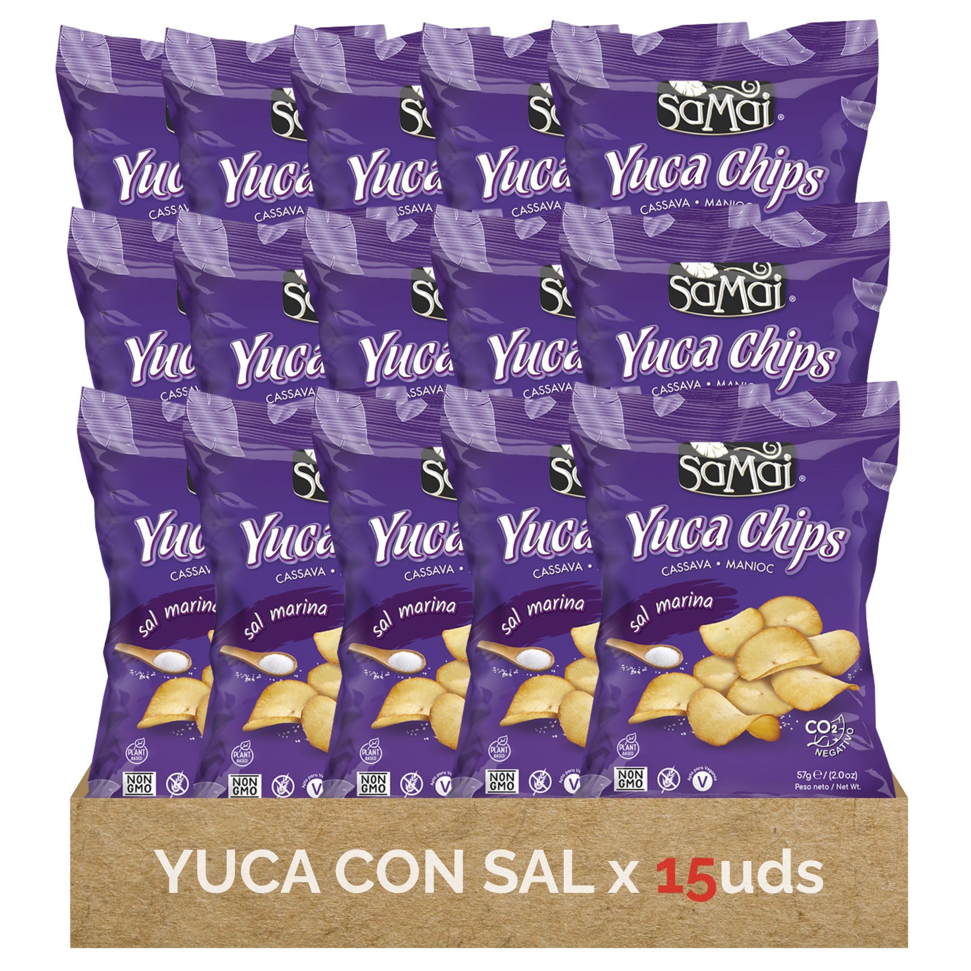 Samai Chips de yuca Sal marina del Pacífico (paquete de 15) sin gluten, sin nueces, sin lactosa, certificado Kosher, aperitivo apto para paleo