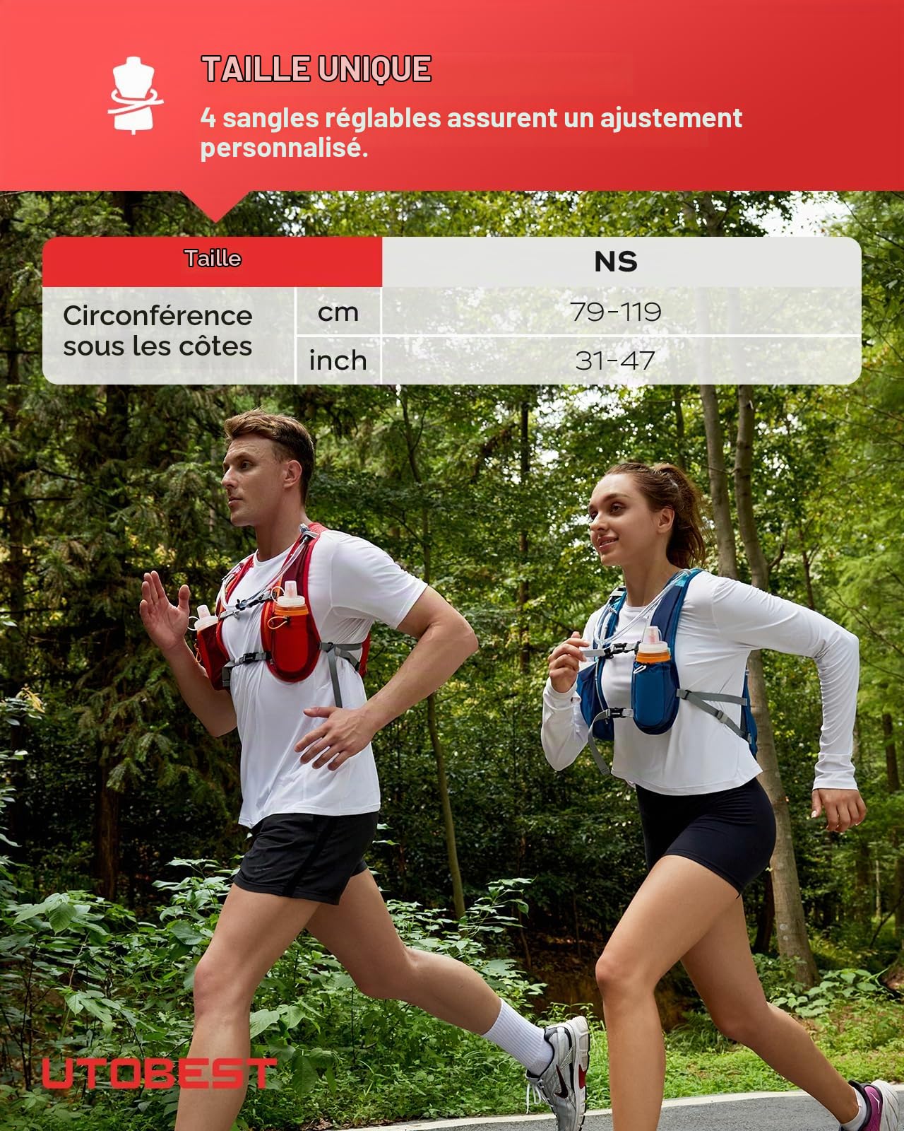 UTOBEST Gilet de Course, Gilet Hydratation Léger 5L UTR104 | 7 poches, grand support telephone, ajustement confortable, sans rebond, OSFM, mixte, trail, park run, marathon
