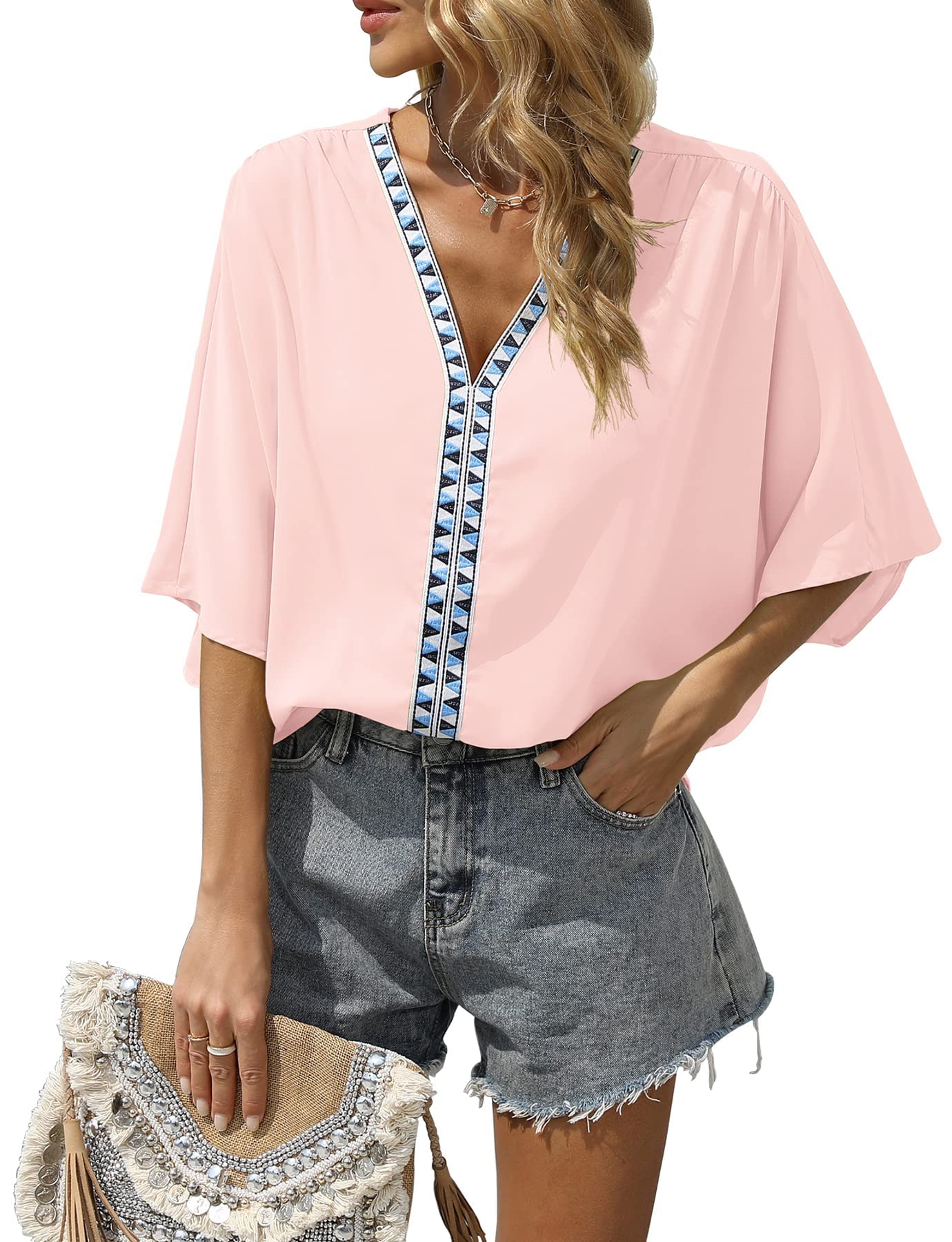 VIISHOWWomen Short Sleeve V Neck Soft Chiffon Blouse