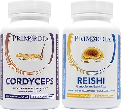 Primordia Paquete de cápsulas Pure Cordyceps y Reishi de hongos, 60 unidades (paquete de 2), suplementos de extracto de hongos Cordyceps Sinensis y