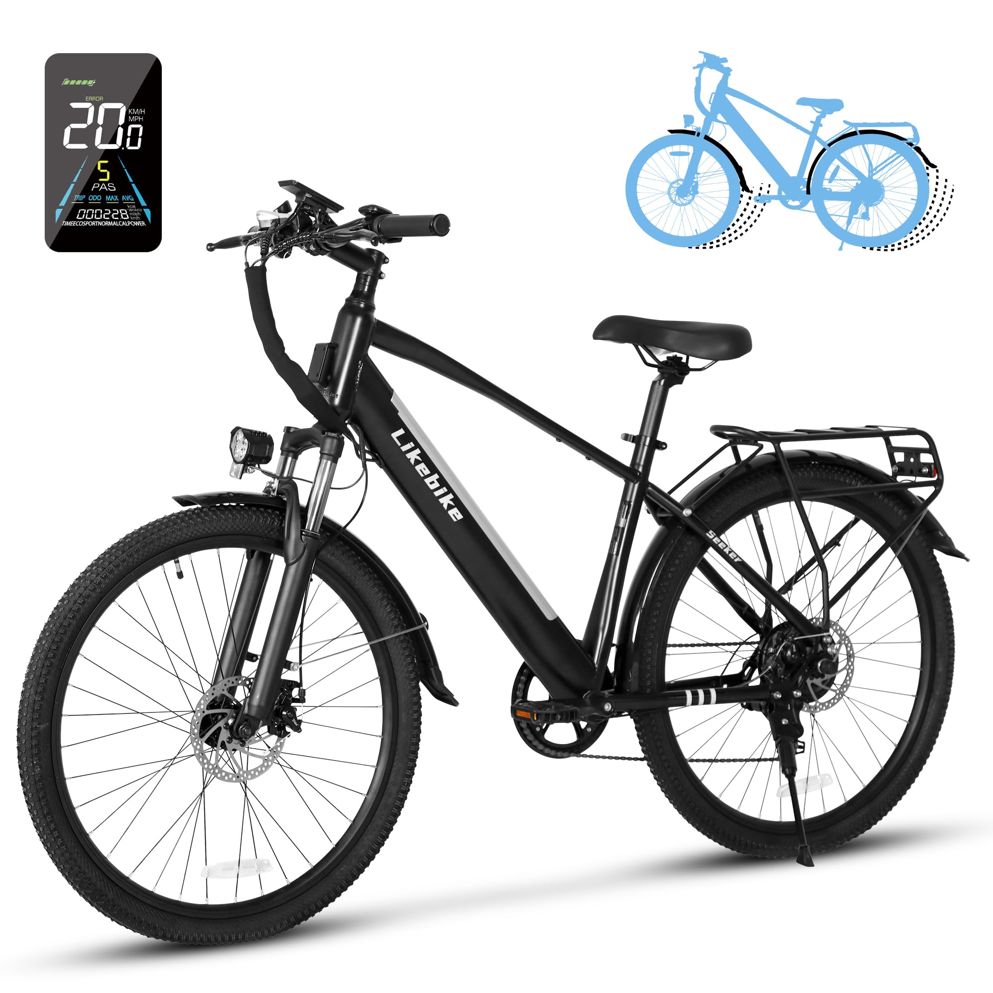 Seeker 26" Electric Bike for Adults with Peak 500W Brushless Motor, 35Miles 324WH Removable Battery 20MPH Commuting Electric Mountain Bike,UL 2849 Certified, Front Fork Suspension