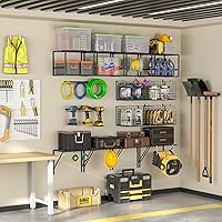 Vista 3 de Garage Shelf Wall Mounted with Wire baskets, Heavy Duty Garage Wall Shelving with Garden Tool Rack and Hooks, Wire Shelf Baskets Tool Organizer for