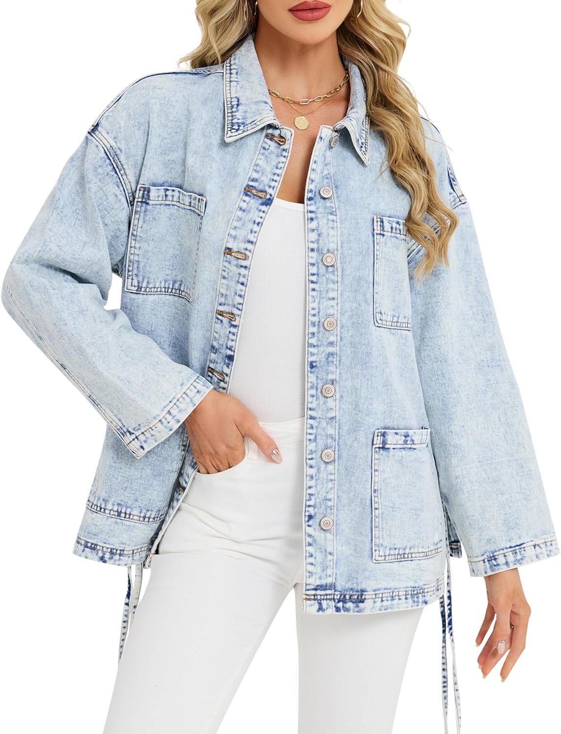 Kedera Women's Oversized Denim Jackets with Side Tie Western Boho Boyfriend Long Jean Coat Casual Denim Shacket Jackets