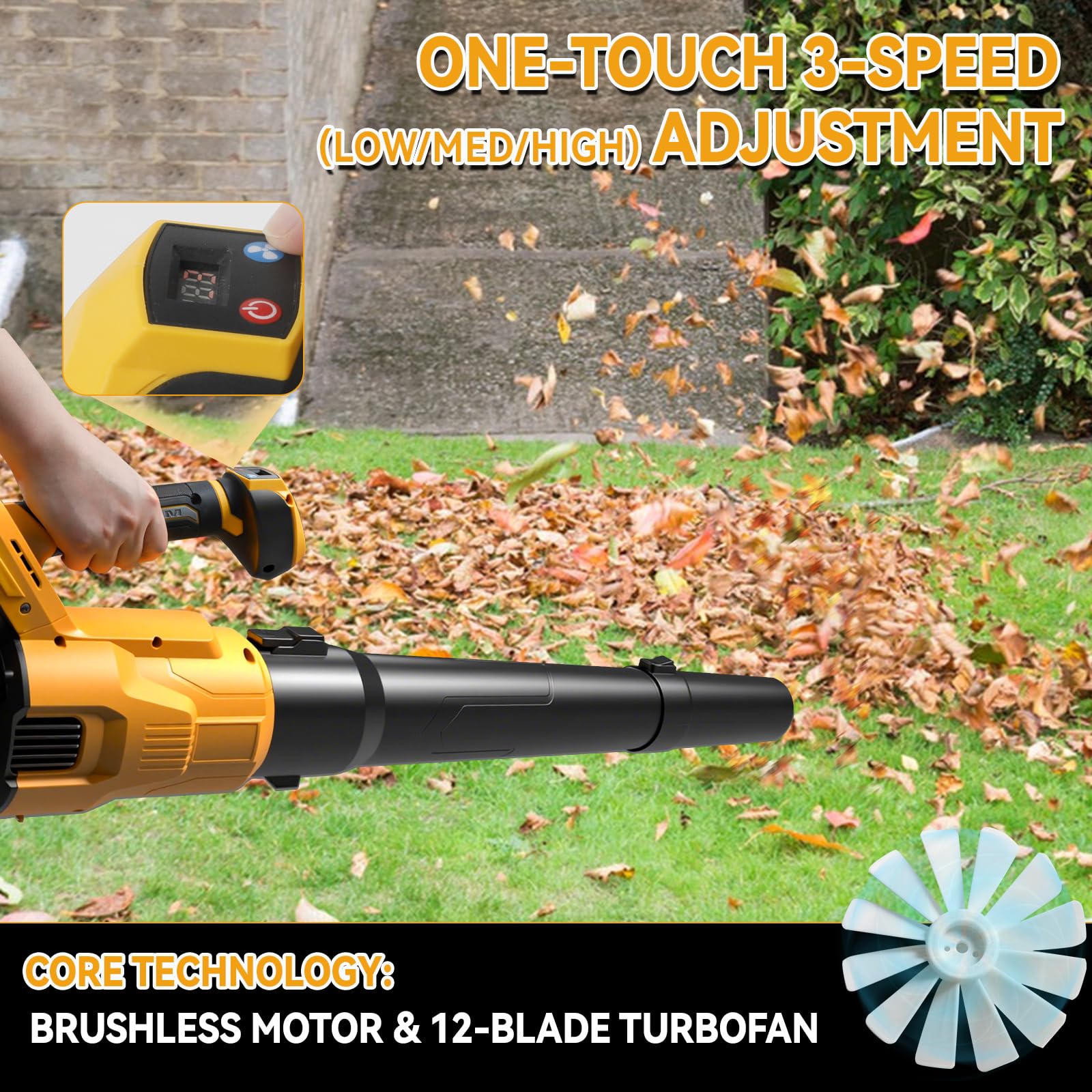 Soffiatore per foglie senza fili per batteria Dewalt 18 V 20 V, motore brushless 18500 giri/min, 58,1 m/s, 13,6 m³/min, soffiatore elettrico portatile con 3 velocità per giardino, foglie