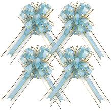 4 Pcs Pull Bows for Gift Wrapping, 7.1 Inch Large Organza Long Ribbon Gift Bows with Gold Trim for Christmas Valentine's Day Birthday Present Basket Decoration - Blue