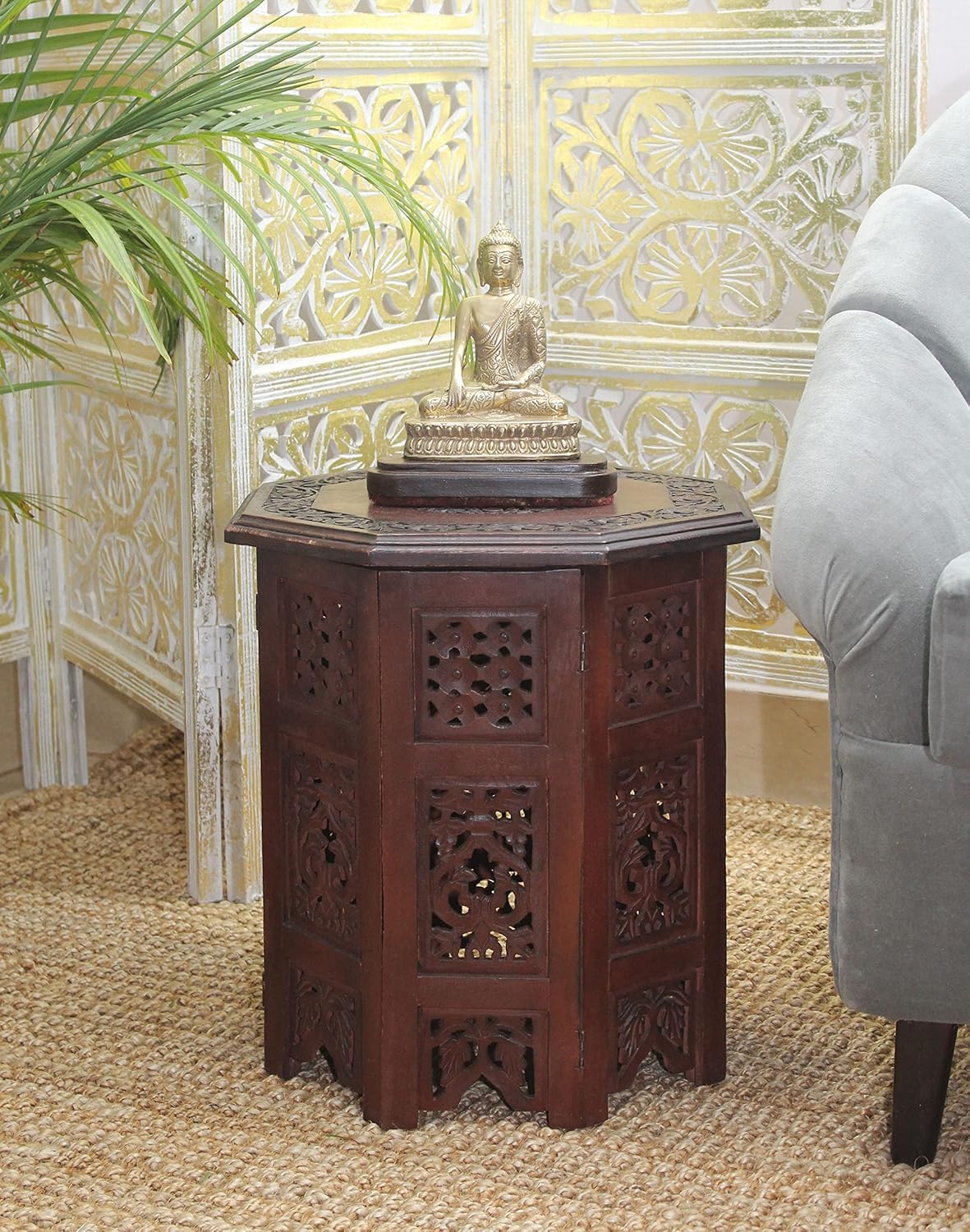HRB HANDICRAFTS Hand-Carved Solid Wood Octagonal Side Table – 18 Inch Rustic Accent End Table with Intricate Floral Carving | Living Room & Bedroom Furniture