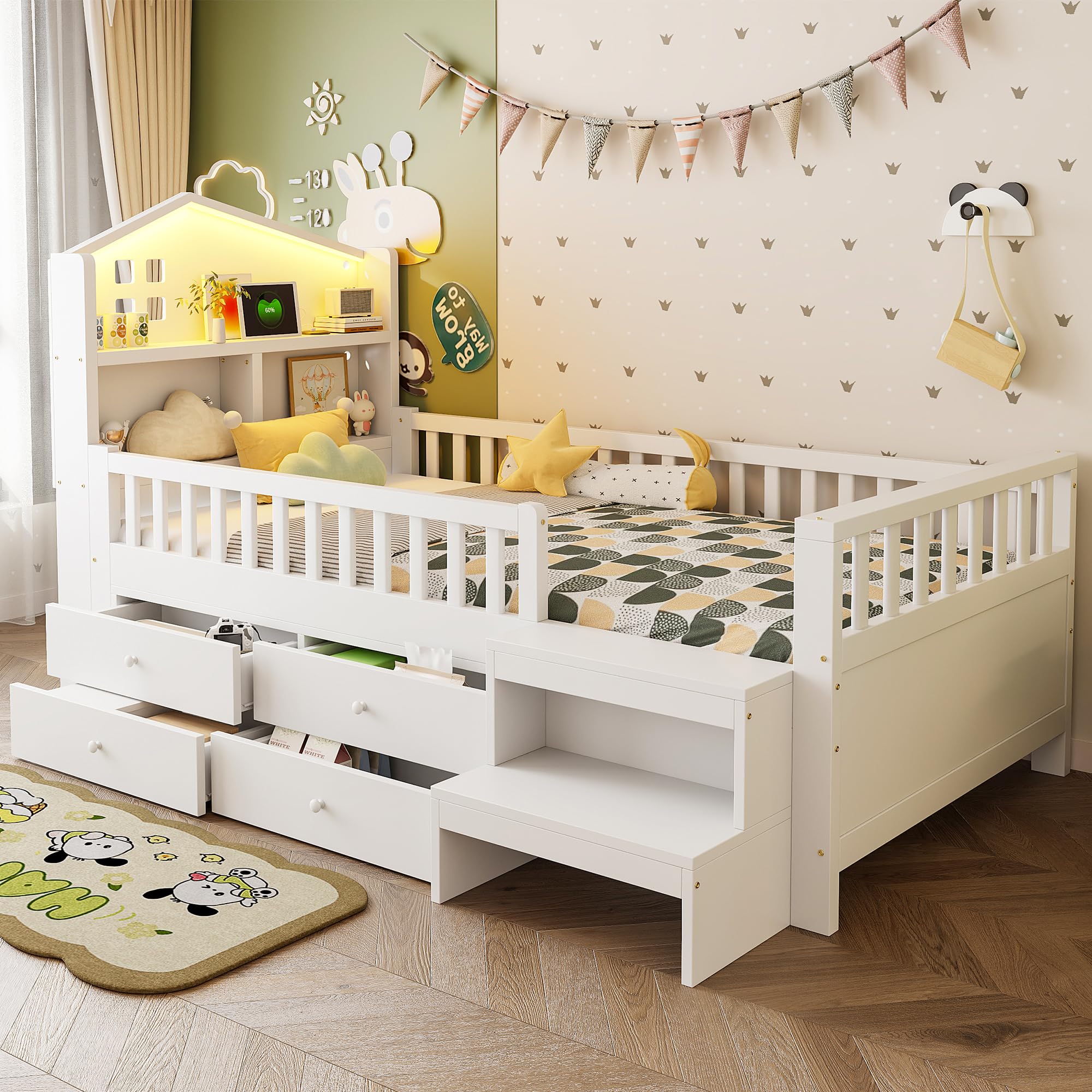 Soweiz Letto per bambini 90x200 cm, letto singolo con sponda di sicurezza, con quattro cassetti, con gradini, letto in legno massiccio con rete a doghe (bianco)
