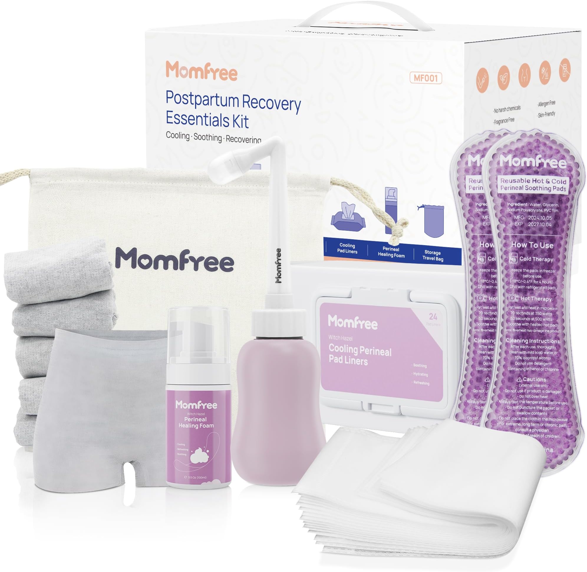 Postpartum Essentials Recovery Kit: Labor Delivery Post Partum 7 Pack Recovery Mom Care Set - Upside Down Peri Bottle | XL Disposable Underwear | Soothing Pads | Perineal Healing Foam | Canvas Bag