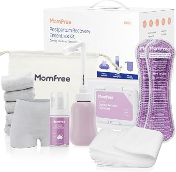 Postpartum Essentials Recovery Kit Labor Delivery Post Partum 13 PCS Recovery Mom Care Set - Upside Down Peri Bottle | XL Disposable Underwear | Soothing Pads | Perineal Healing Foam | Canvas Bag