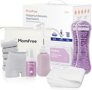 Postpartum Essentials Recovery Kit – 7-Piece Labor and Delivery Care Set for Moms, Includes Peri Bottle, Disposable Underwear, Soothing Pads, Perineal Healing Foam & Canvas Bag
