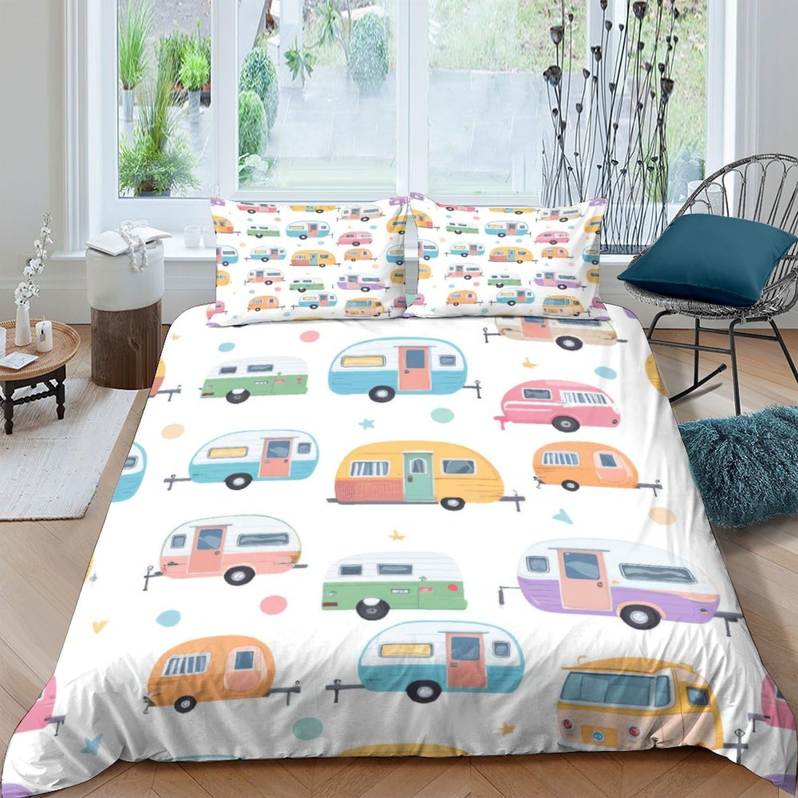 GPLZQXKJNH 3D Printed Colorful Camper Duvet Cover Microfiber Soft Breathable Caravan Bedding Set with 2 Pillowcases for Bedroom Decor Single（135x200cm）