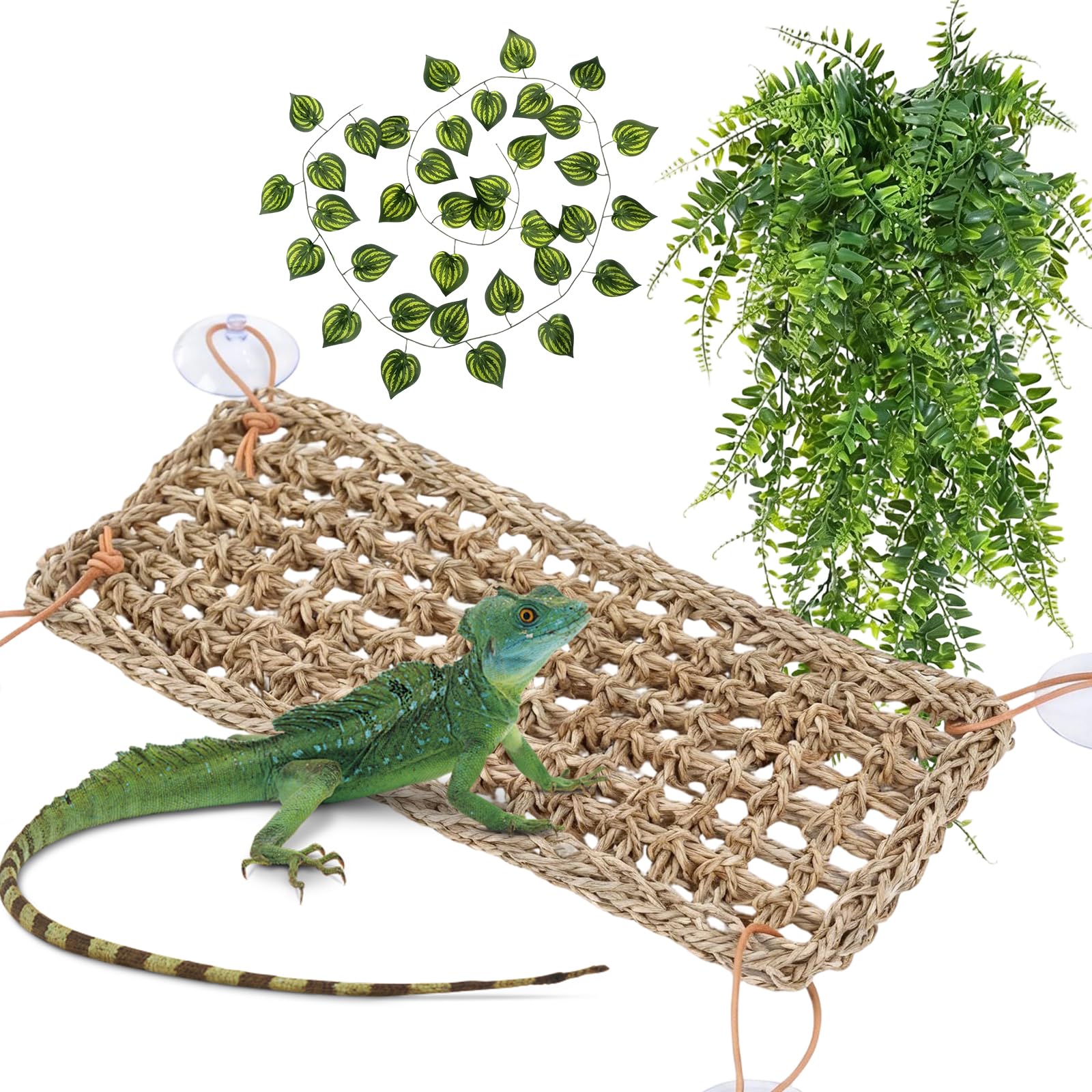 DHSWNNG Bearded Dragon Accessories, Reptile Plants Terrarium Hanging Plant Vines Artificial Leaves Hammock Leopard Gecko Tank Accessories for Lizard Snake Geckos Chameleon