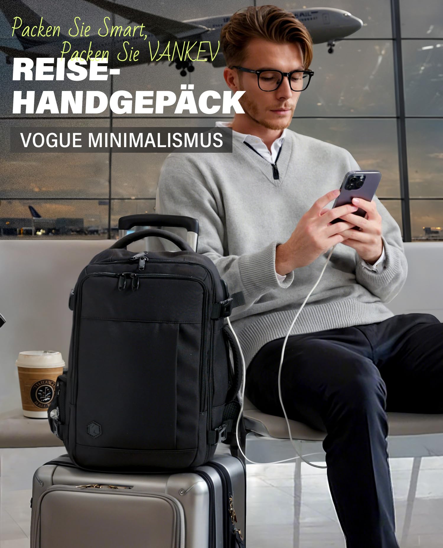 VANKEV Handgepäck 40x30x20 24L Reiserucksack Klein 15.6 Zoll Laptop Rucksack SCHWARZ