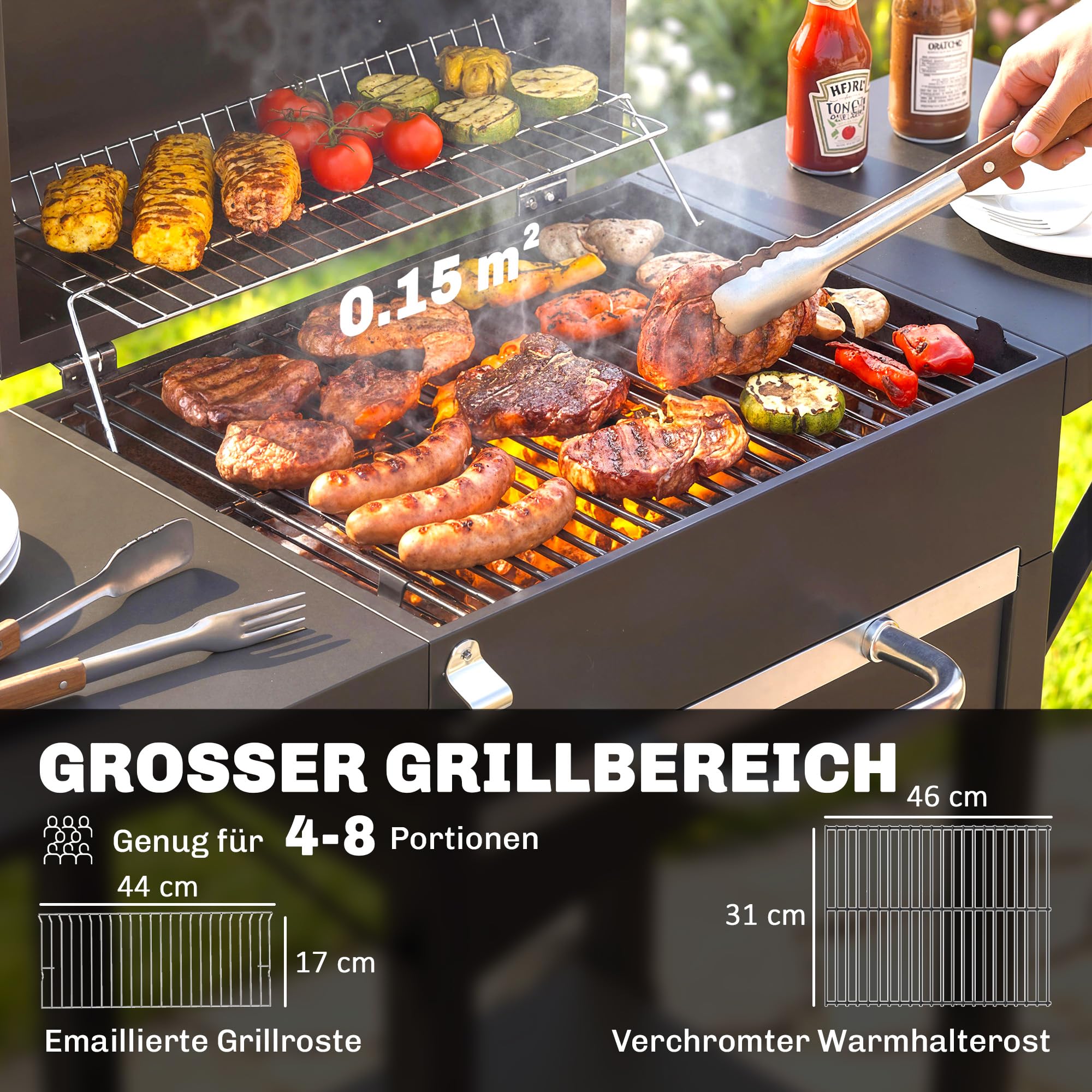 Outsunny grill węglowy z pokrywą, BBQ Smoker z 2 bocznymi stolikami, dużą powierzchnią grillową, rusztem, termometrem i kółkami, wózek grillowy 110 x 46,5 x 101 cm, czarny
