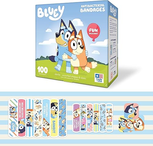 Bluey - Vendajes para niños, 3 tamaños surtidos de 100 unidades, para llevar como calcomanías, vendajes adhesivos flexibles para cortes menores,