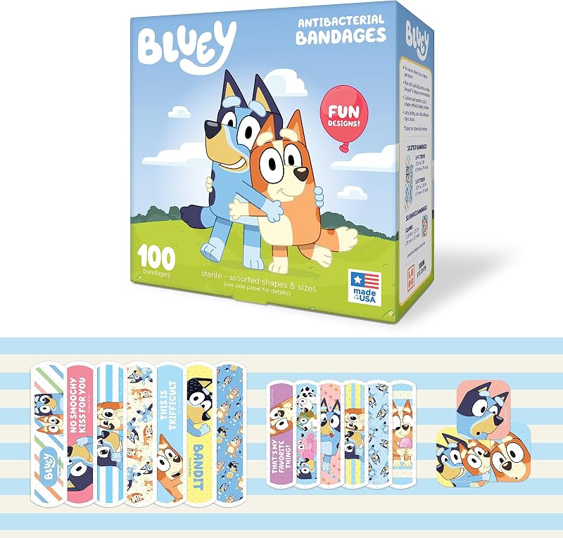 Bluey Kids Adhesive Bandages, 3 Assorted Sizes, 100 Count | For Minor Cuts, Scrapes, & Burns. Great for Birthdays, School Supplies, Stickers, Stocking Stuffers & White Elephant Gifts