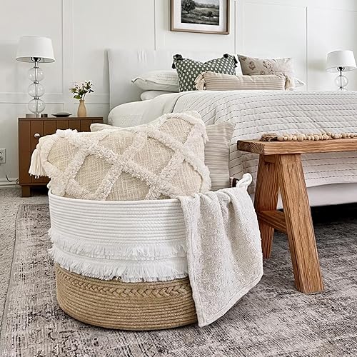 Miniatura 6 de TIMEYARD Cesta para manta, 21.7 x 13.8 pulgadas, cesta de almacenamiento grande para sala de estar, canasta de juguetes con asas, cesta tejida para