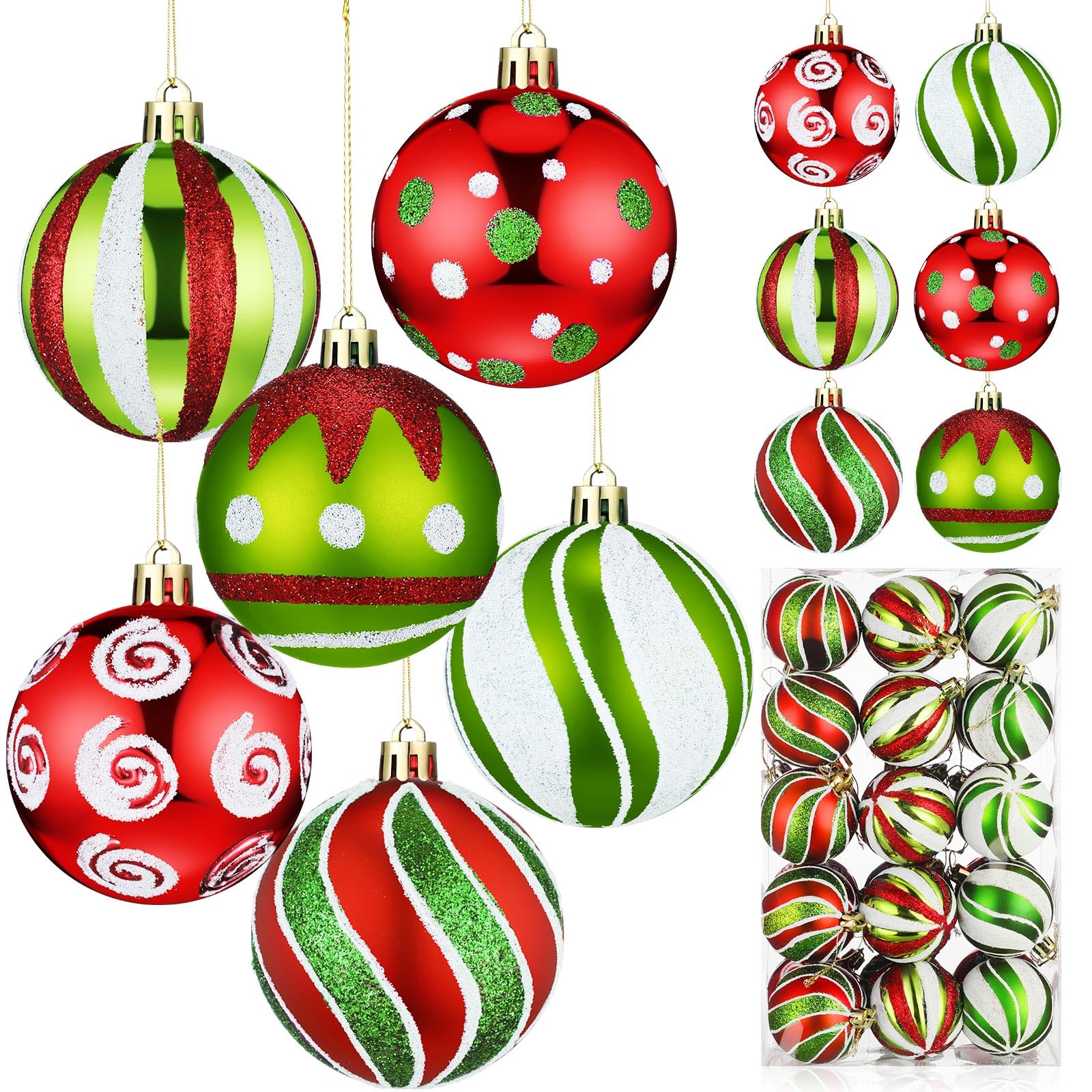 Leyndo 30 Pcs 2.4 Inch Christmas Ball Ornaments Glittering Red Green Hanging Christmas Ball Ornaments Xmas Tree Decorations Candy Cane Peppermint Balls Baubles for Xmas Holiday Party (Stylish Style)